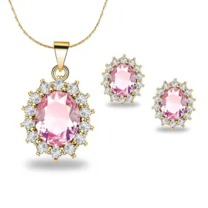 18K Yellow Gold Created Pink Sapphire Round 8CT CZ Oval Necklace 18 inch Plated