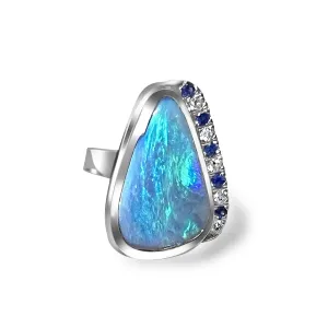 18kt White Gold bezel set Black Opal, Sapphire and Diamond ring