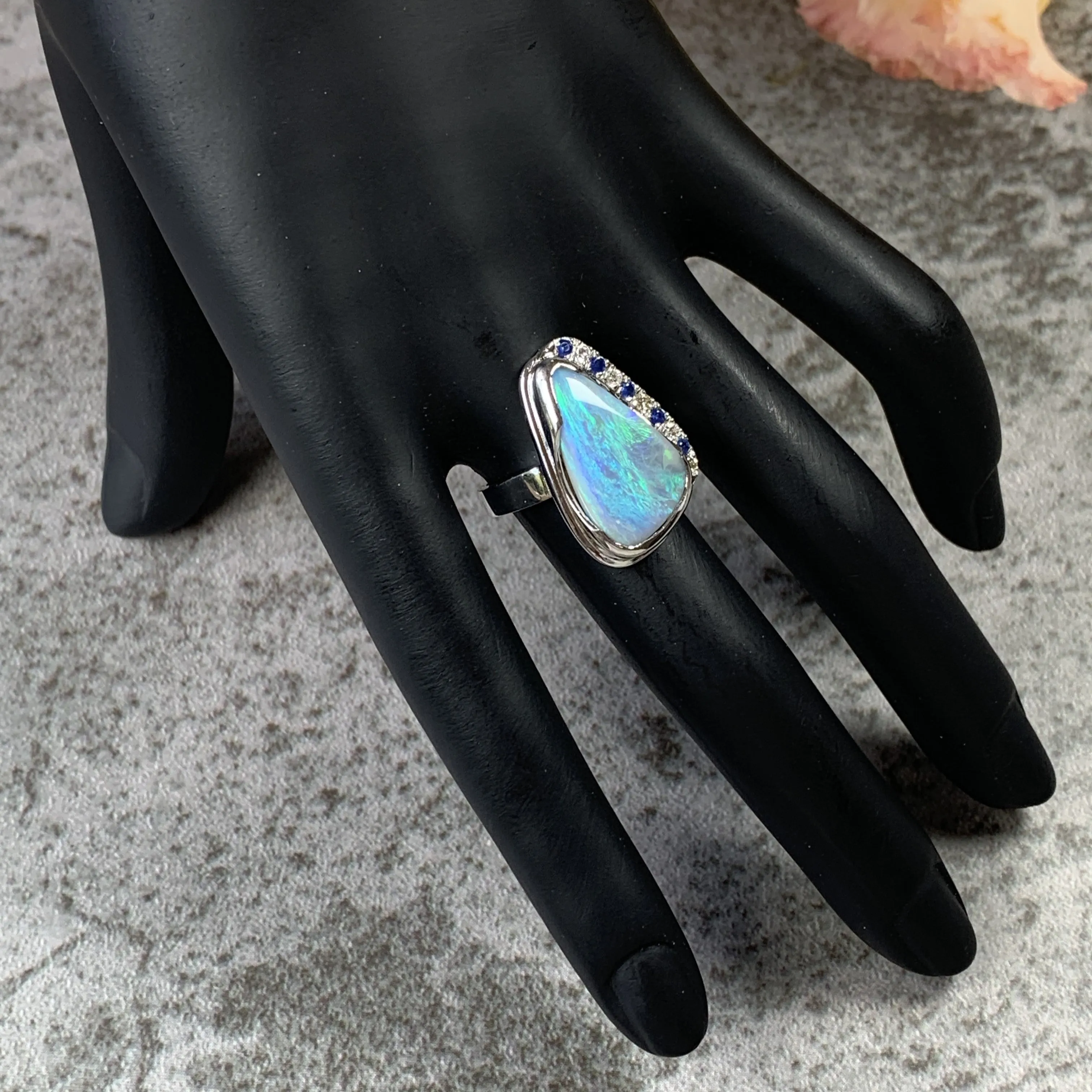 18kt White Gold bezel set Black Opal, Sapphire and Diamond ring