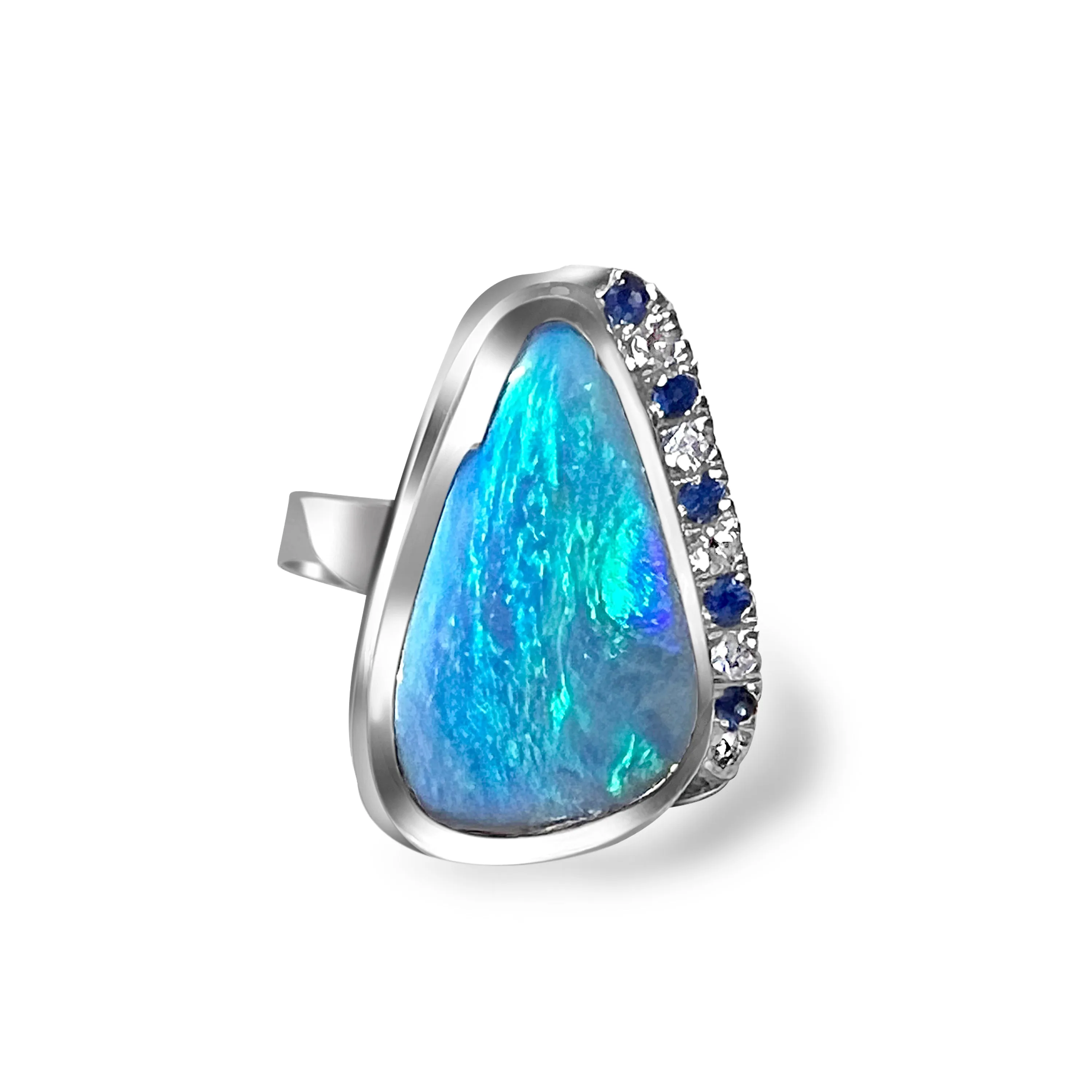 18kt White Gold bezel set Black Opal, Sapphire and Diamond ring