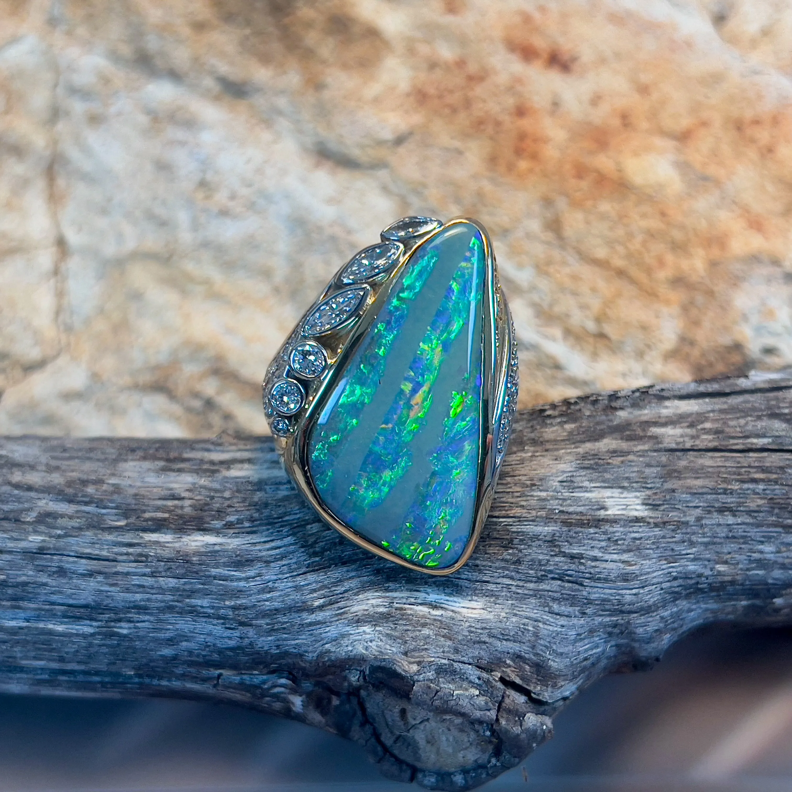 18kt Yellow Gold and Platinum Boulder Opal and Diamond statement ring