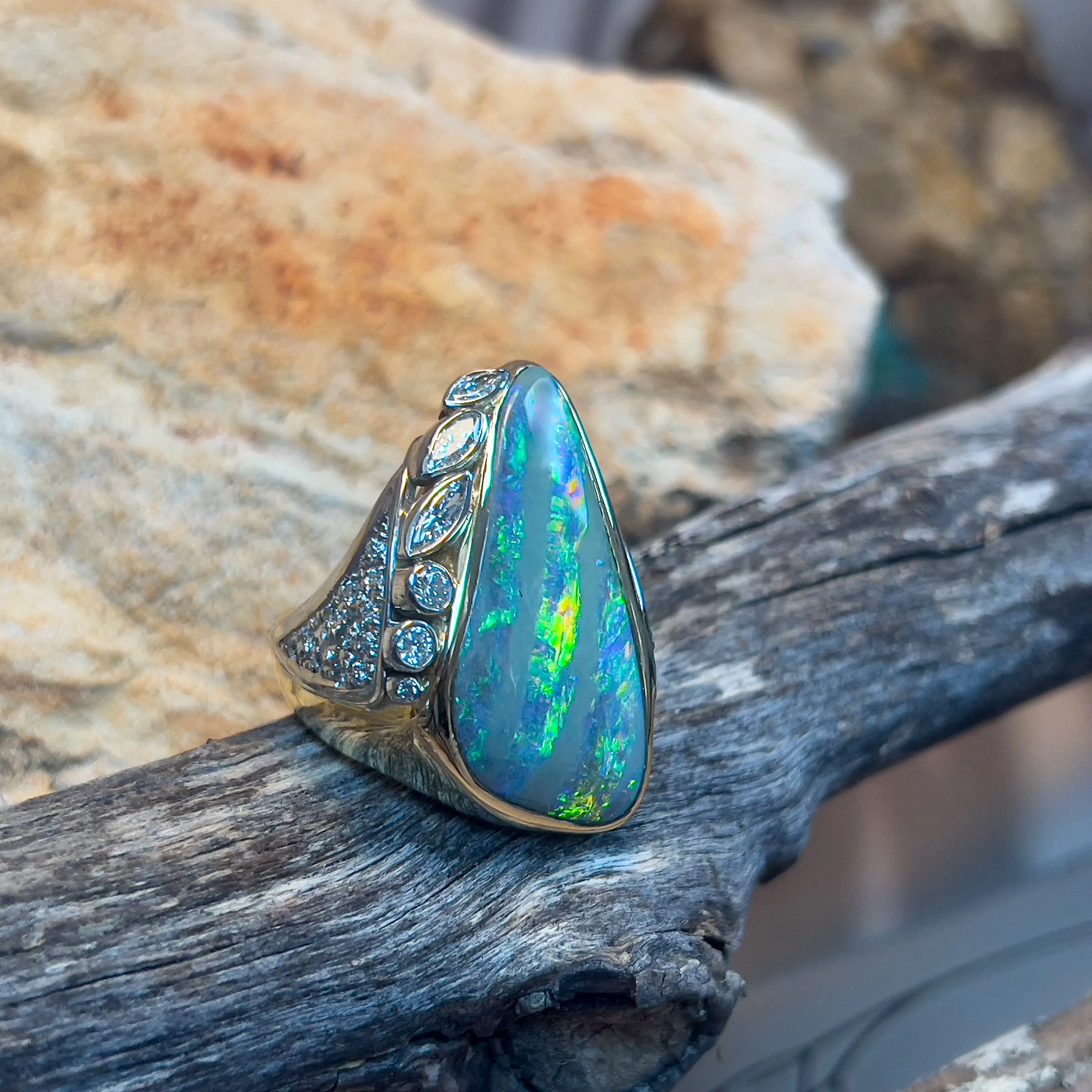 18kt Yellow Gold and Platinum Boulder Opal and Diamond statement ring