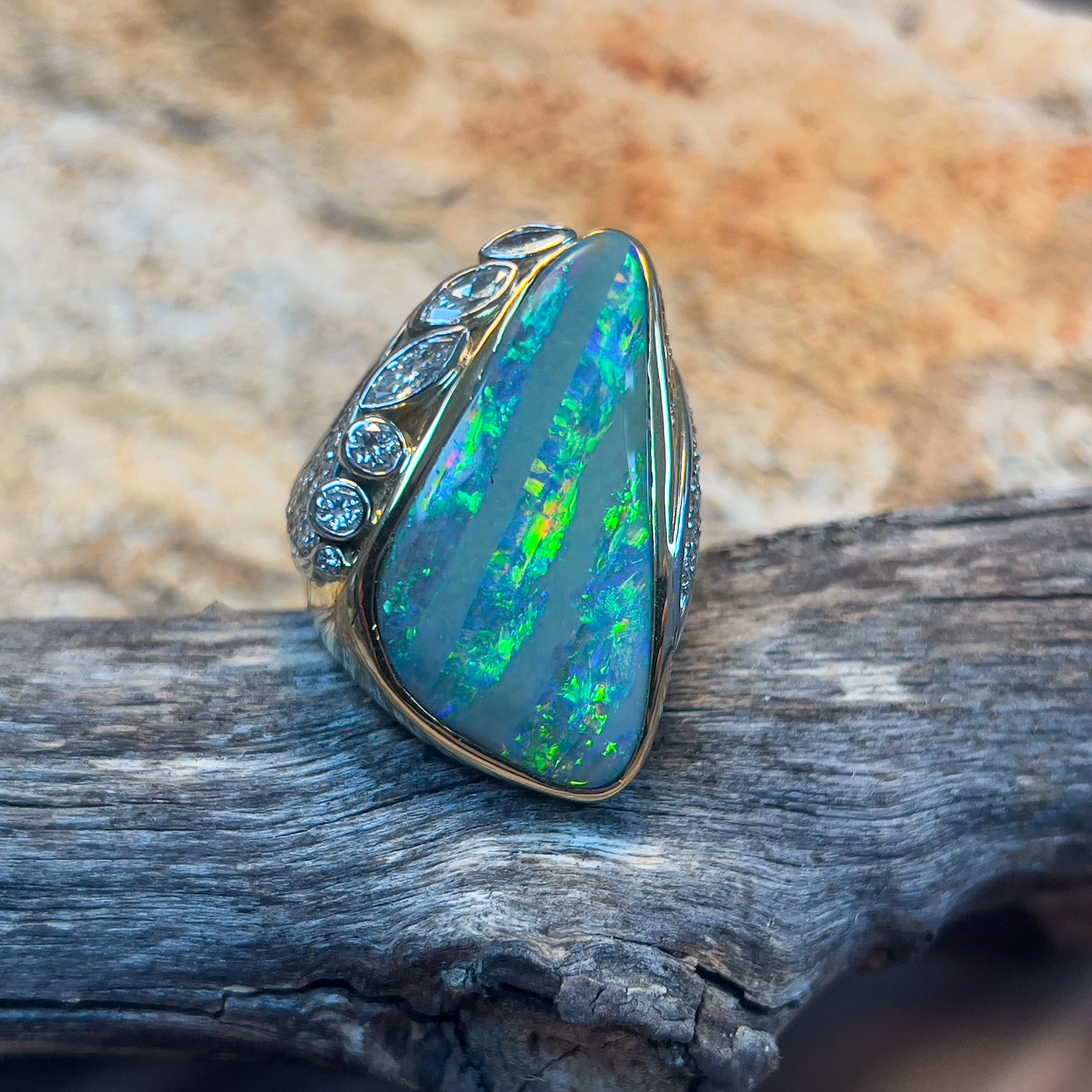 18kt Yellow Gold and Platinum Boulder Opal and Diamond statement ring