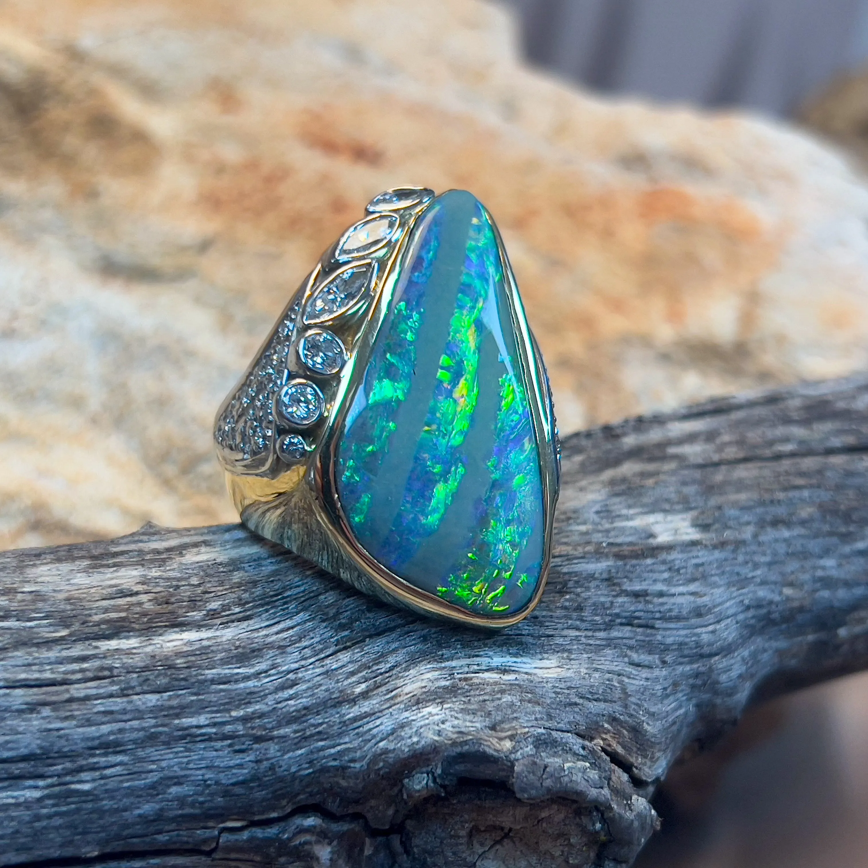 18kt Yellow Gold and Platinum Boulder Opal and Diamond statement ring