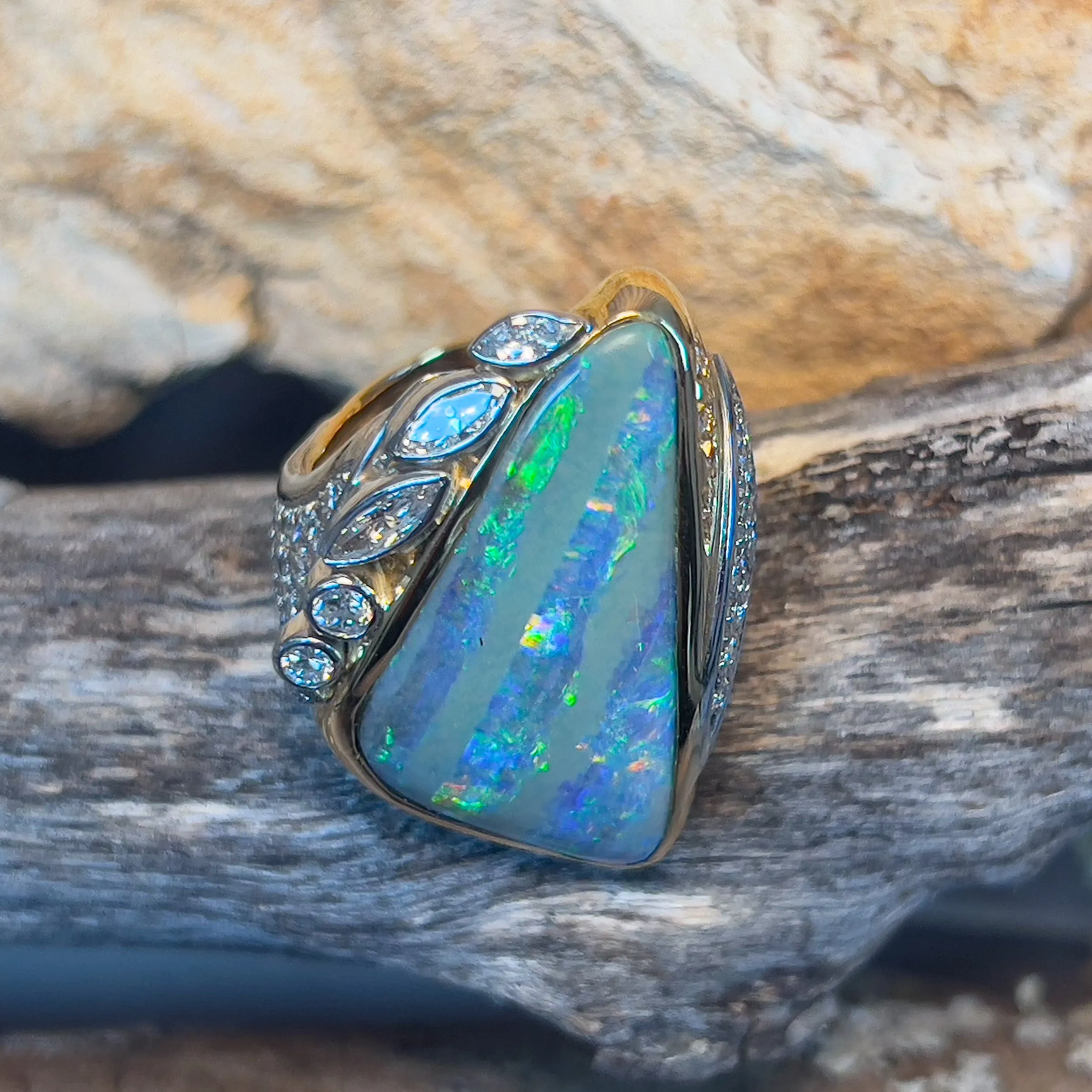 18kt Yellow Gold and Platinum Boulder Opal and Diamond statement ring