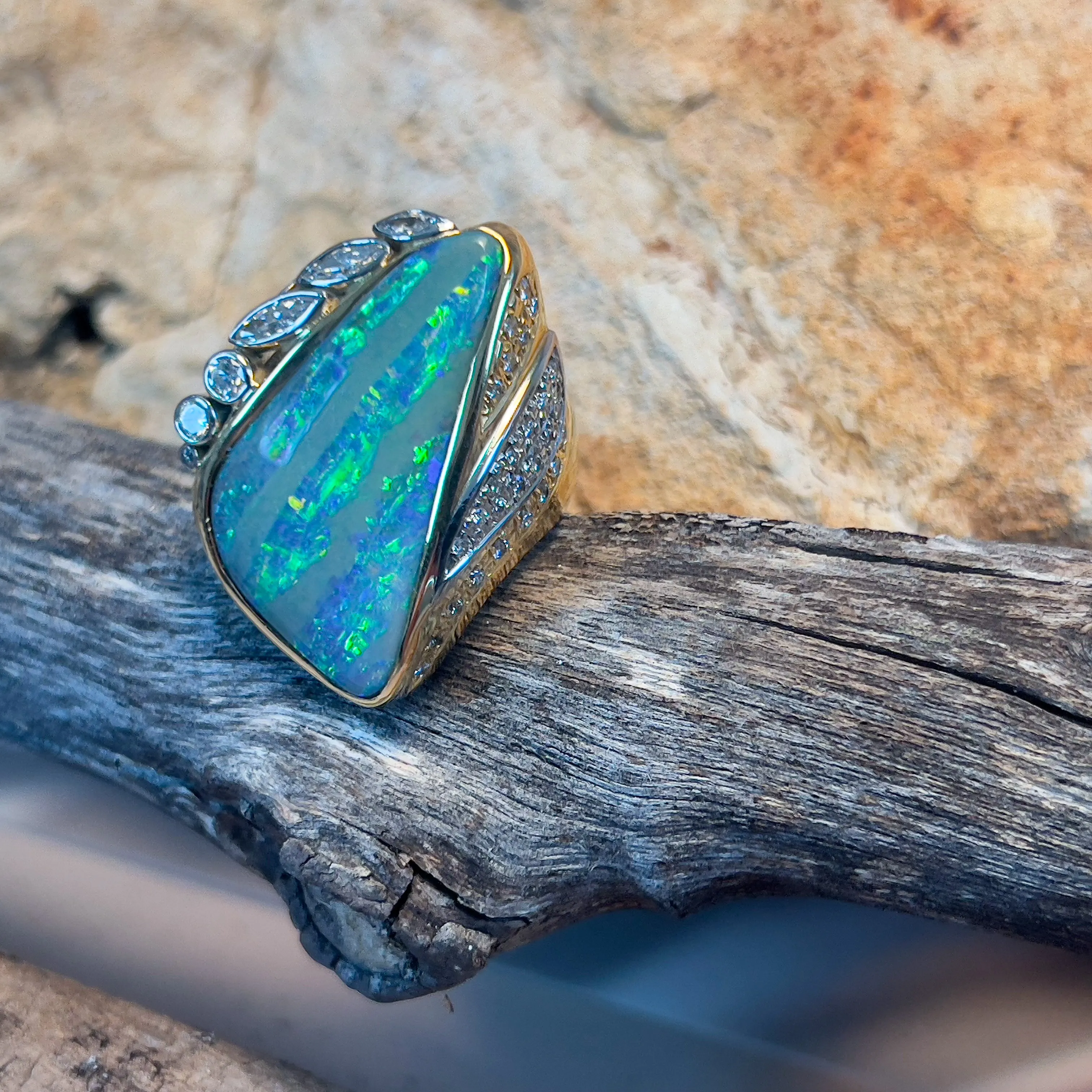 18kt Yellow Gold and Platinum Boulder Opal and Diamond statement ring