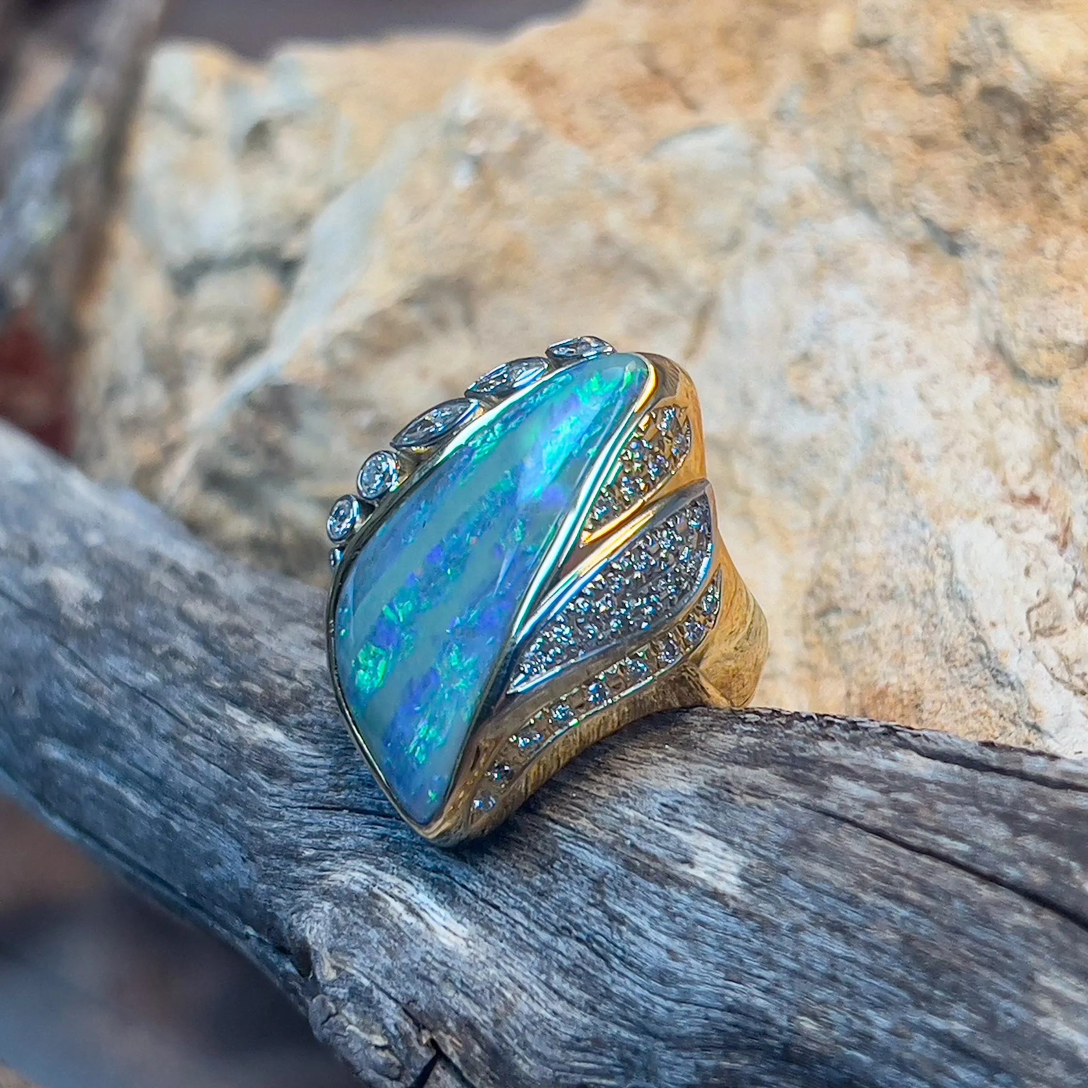 18kt Yellow Gold and Platinum Boulder Opal and Diamond statement ring