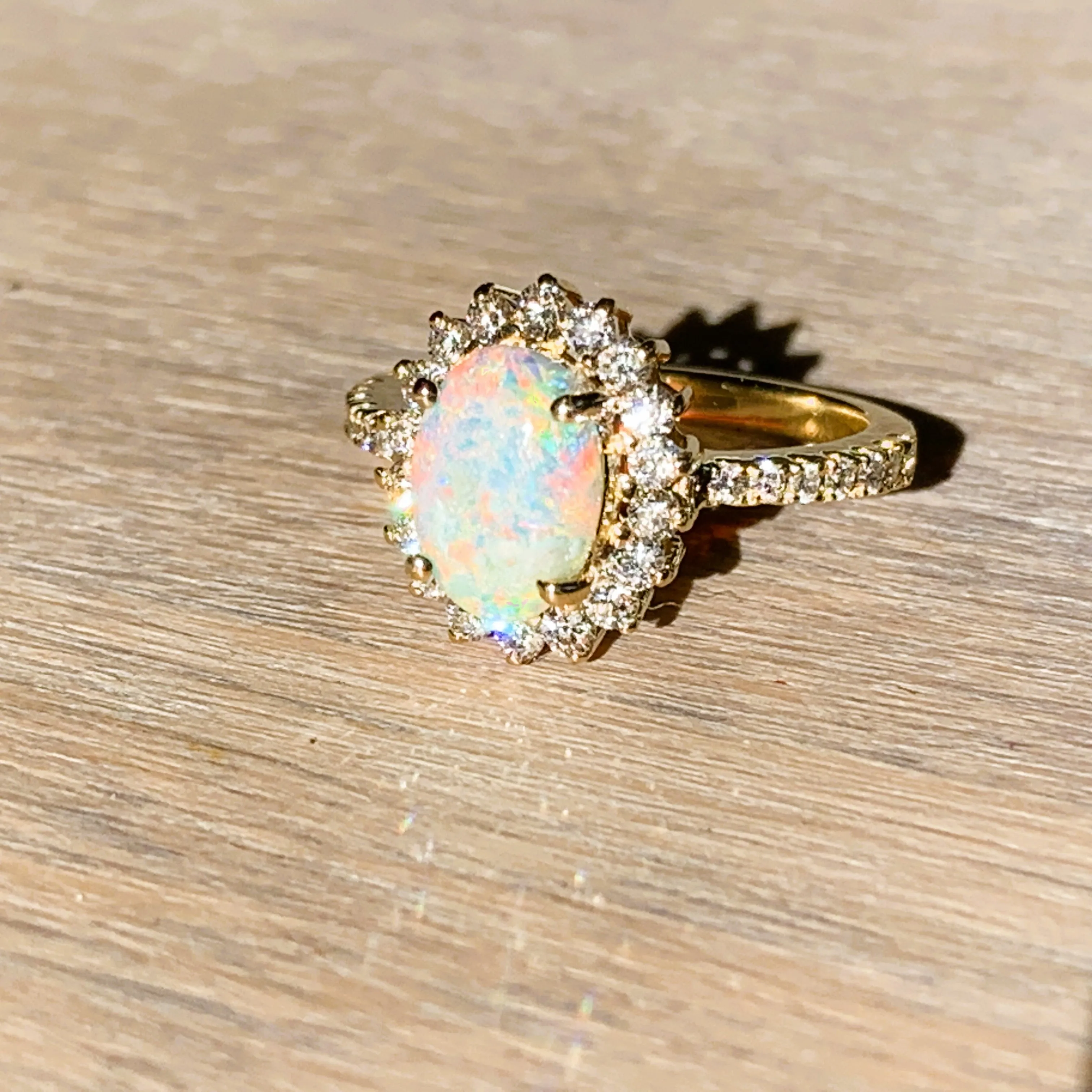 18kt Yellow Gold cluster Black Crystal Opal 0.91ct with Diamonds ring