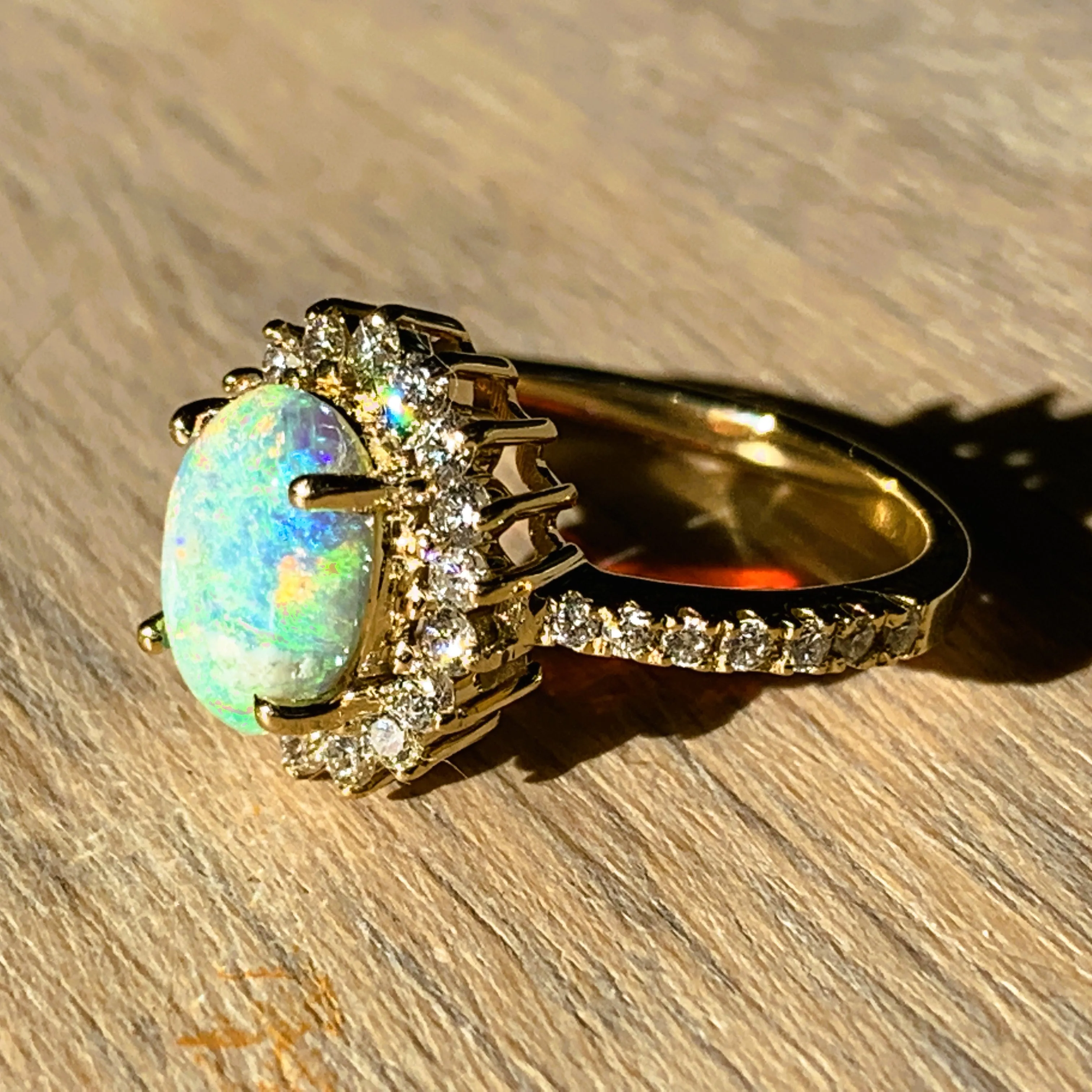 18kt Yellow Gold cluster Black Crystal Opal 0.91ct with Diamonds ring