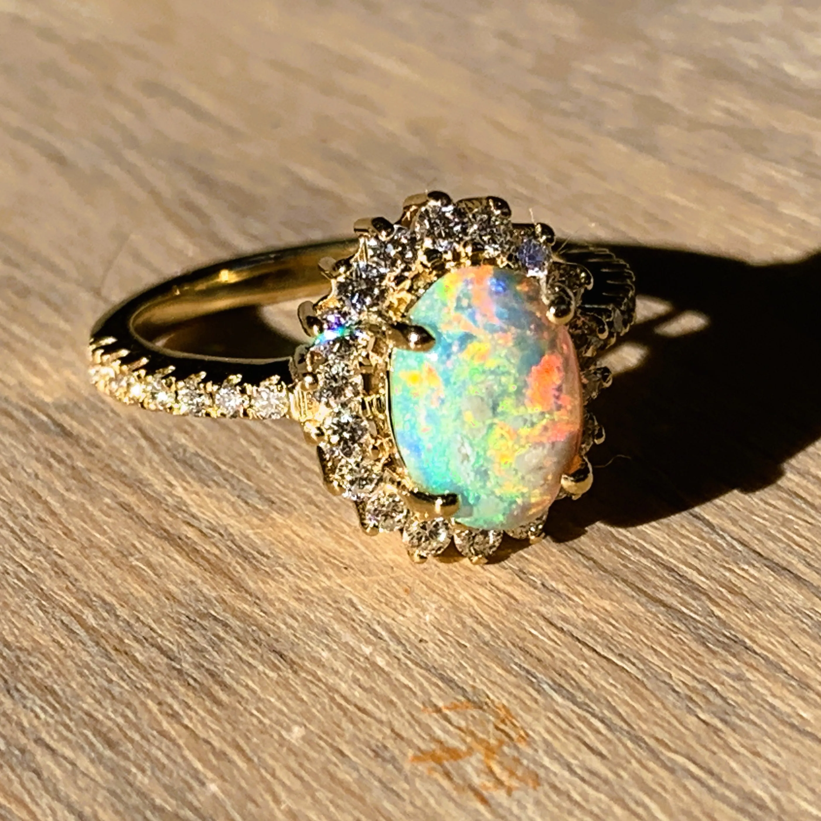 18kt Yellow Gold cluster Black Crystal Opal 0.91ct with Diamonds ring