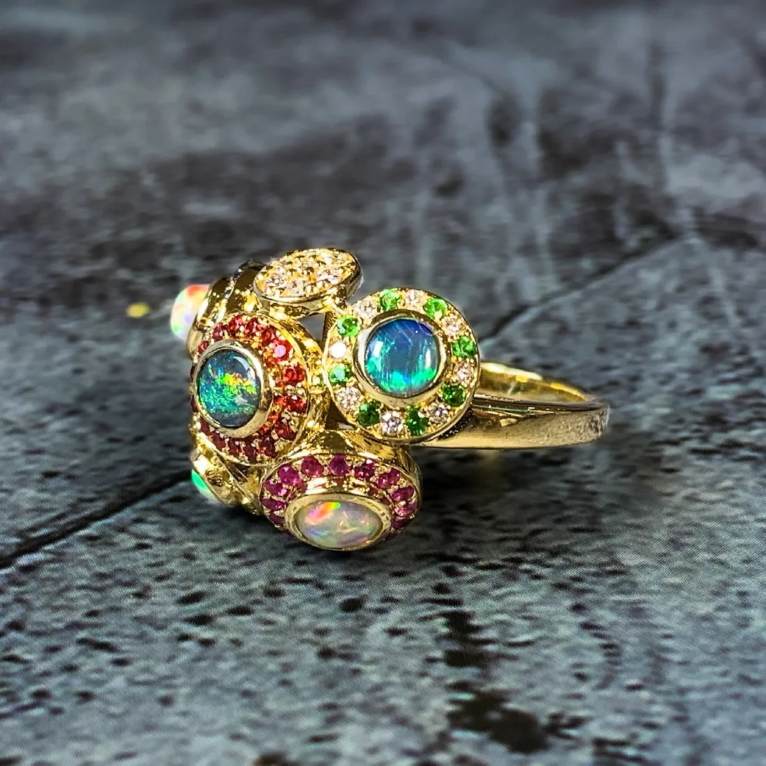 18kt Yellow Gold designer "New Year Sydney Fireworks" cluster ring with multi colour Opals, Diamonds, Sapphires and Rubies