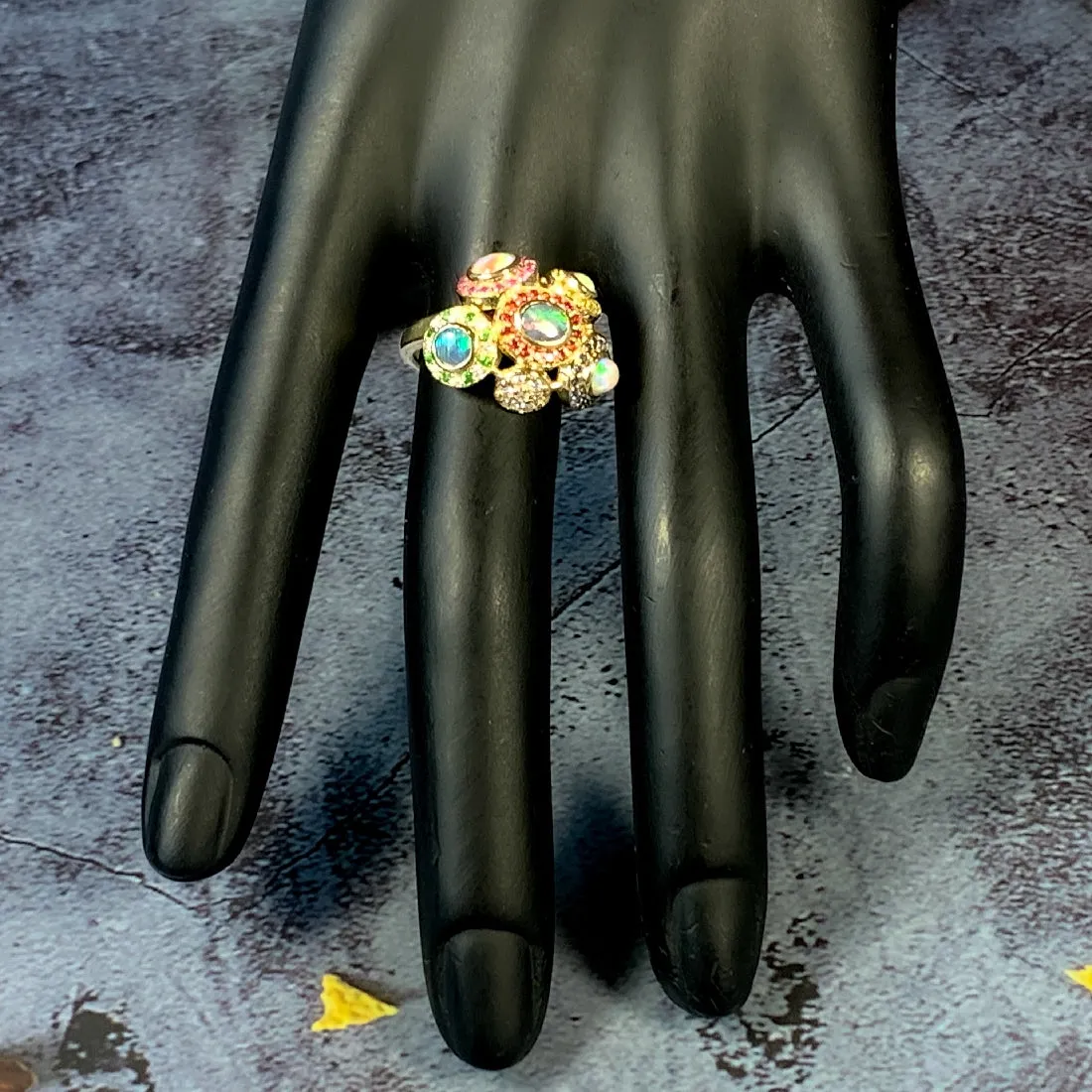 18kt Yellow Gold designer "New Year Sydney Fireworks" cluster ring with multi colour Opals, Diamonds, Sapphires and Rubies