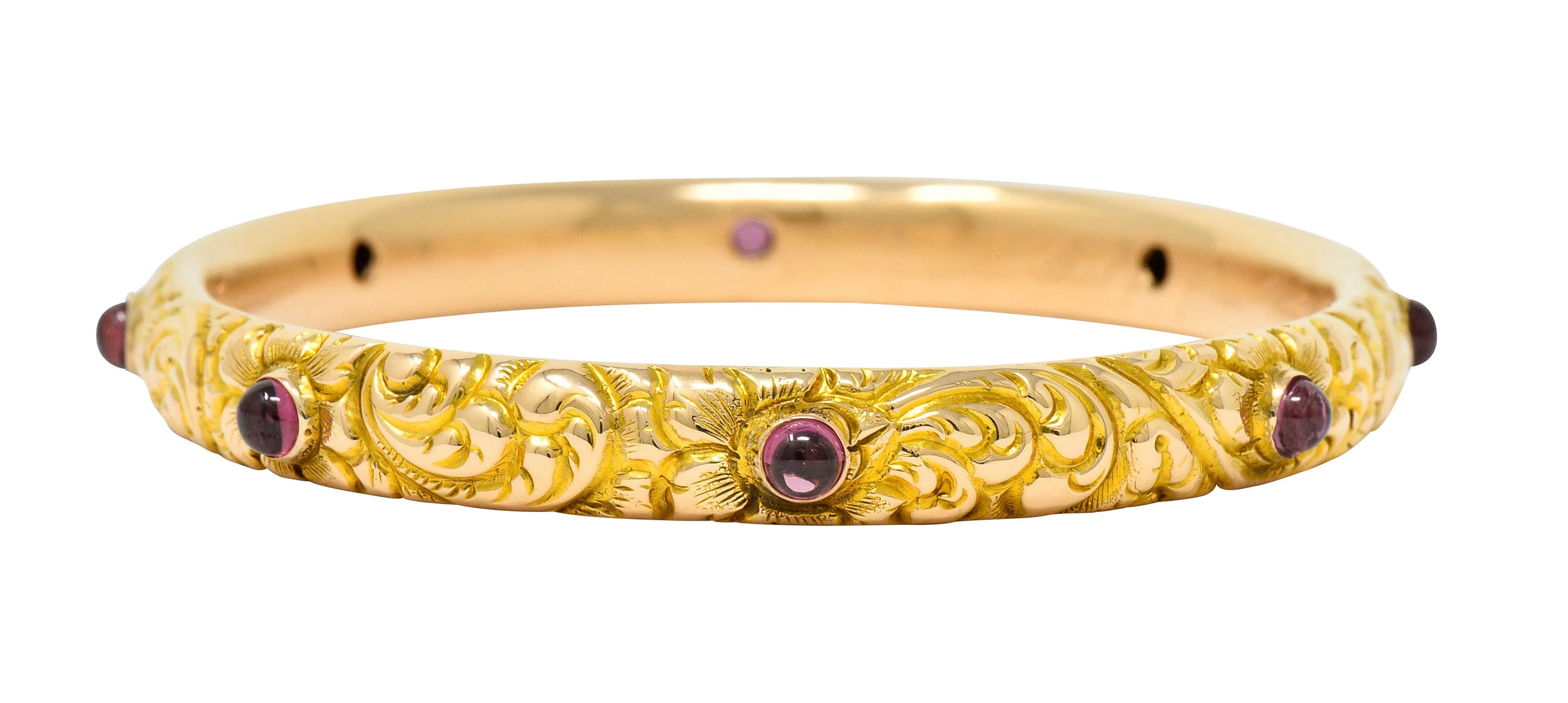 1900's Victorian Garnet Cabochon 14 Karat Gold Floral Foliate Bangle Bracelet