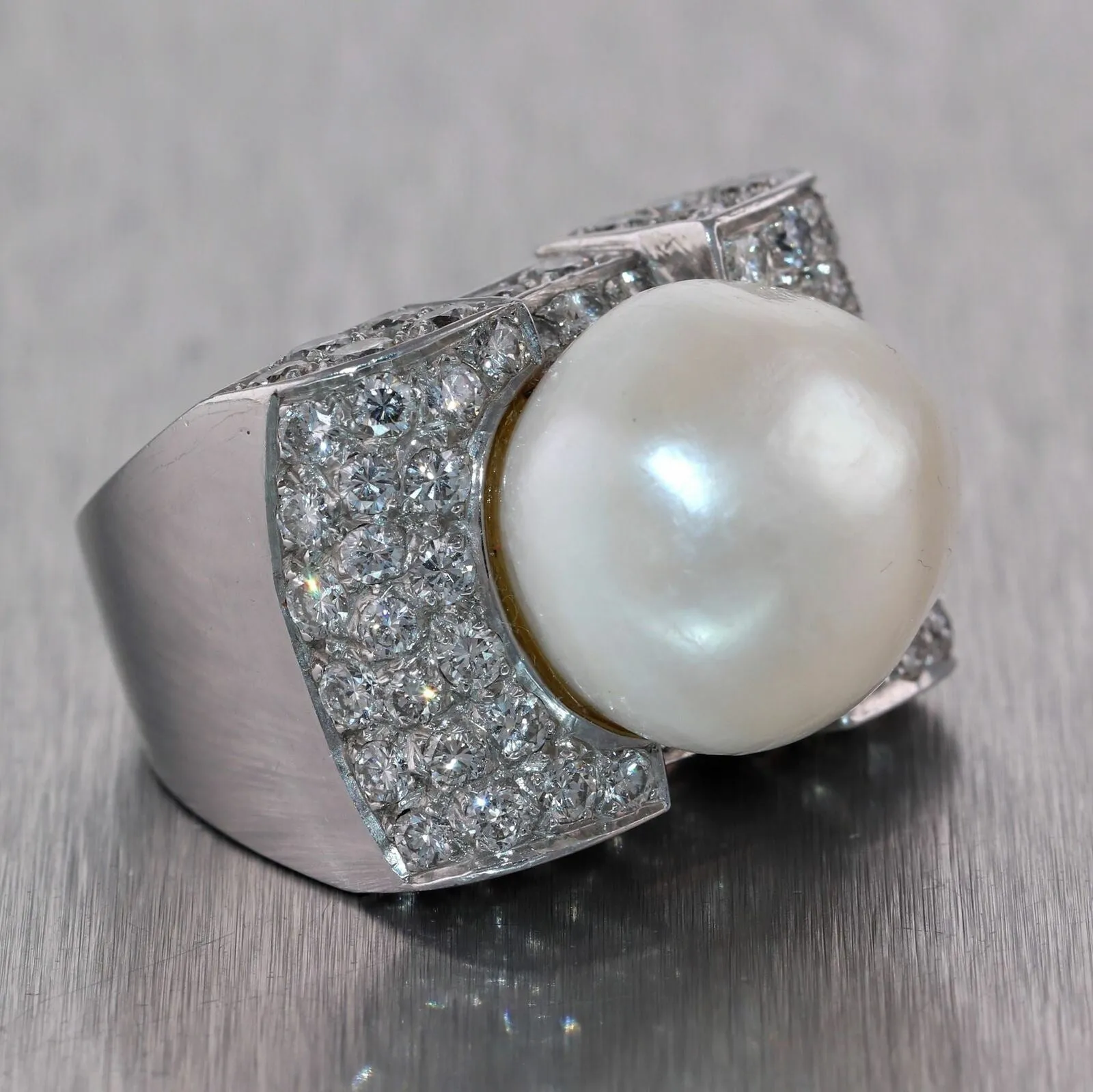 1960's Vintage Estate Chunky Platinum 5ctw Diamond & Pearl Cocktail Ring