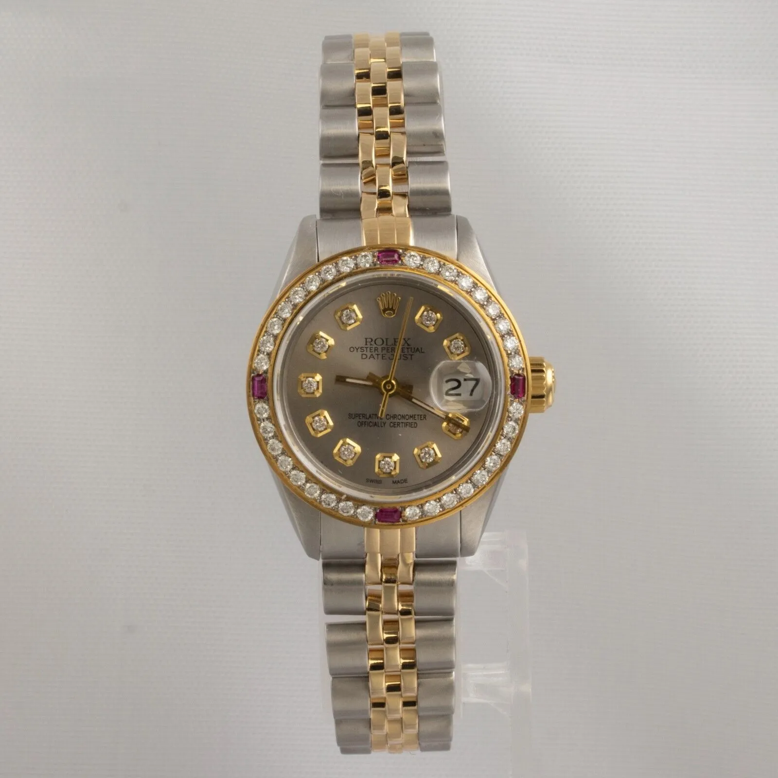 1983 Rolex DateJust 6917 Steel & 18k Gold Silver Diamond Ruby Bezel 26mm Watch