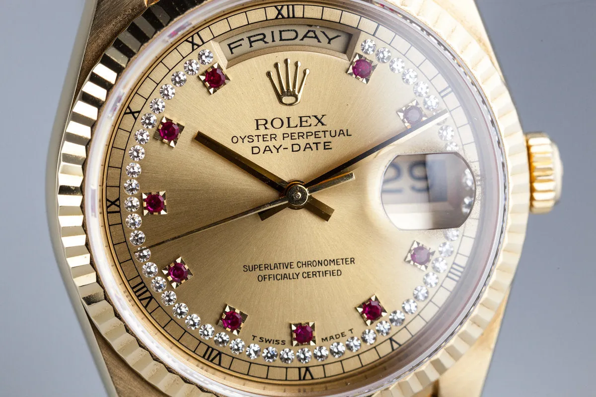 1995 Rolex Day-Date 18238 with Diamond String and Ruby Dial