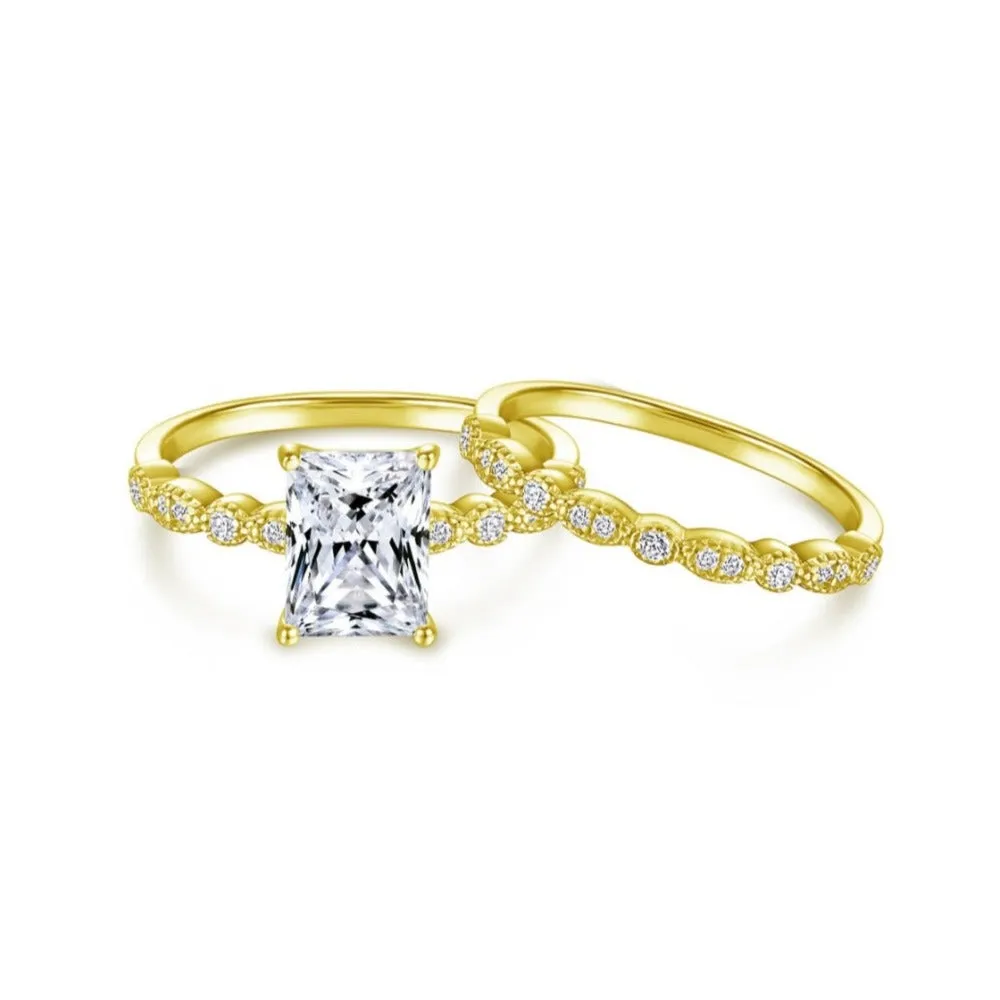 2 Carat Vintage Radiant Cut Bridal Wedding Ring Set - Gold