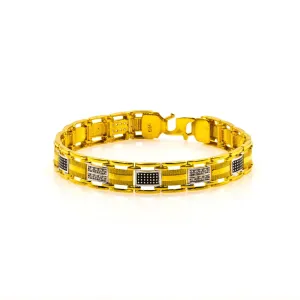 22K Multi Tone Gold Men's Bracelet W/ Precious CZ Gems & Black Hand Paint