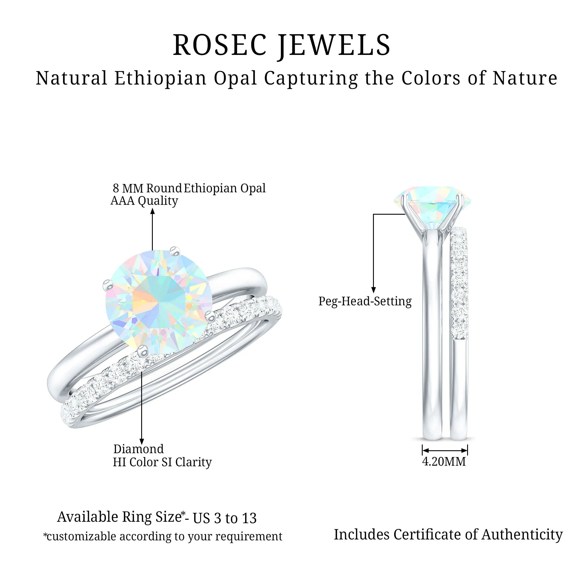 2.5 CT Ethiopian Opal Solitaire Wedding Ring Set with Diamond