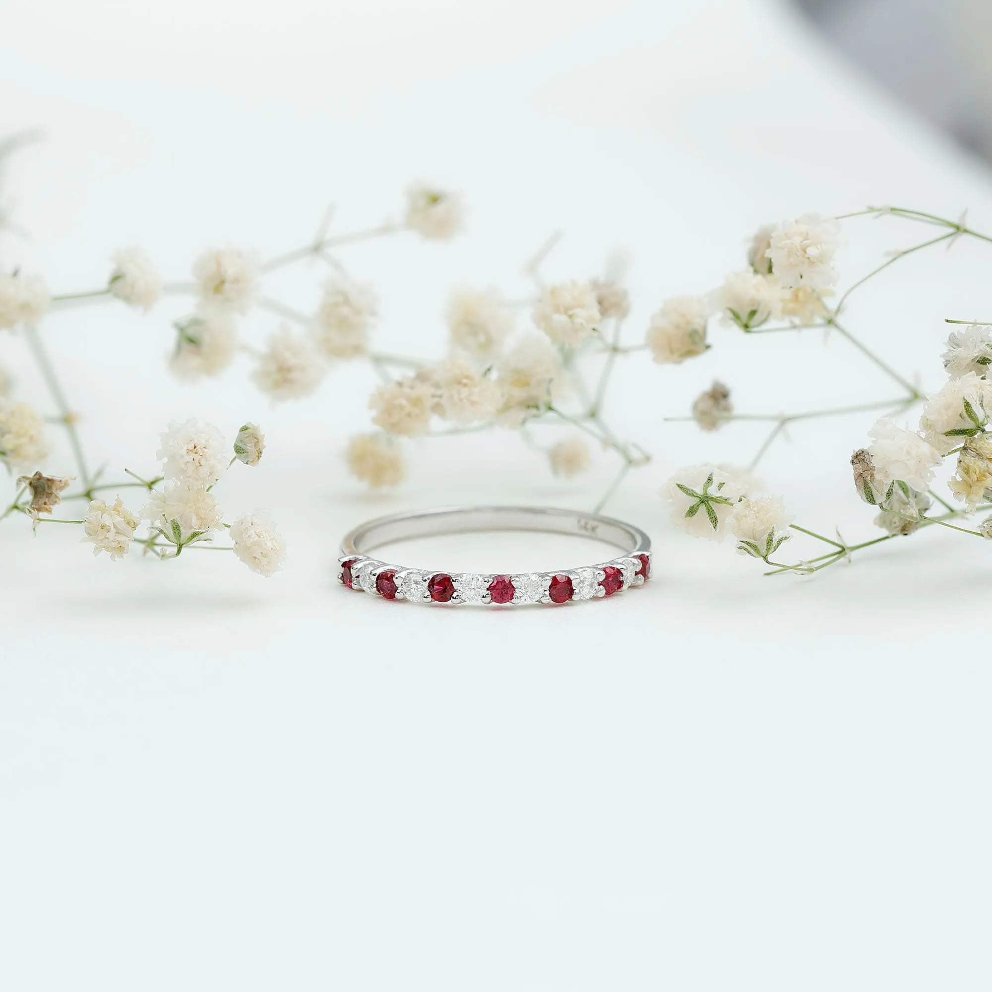 3/4 CT Created Ruby and Moissanite Stackable Band Ring