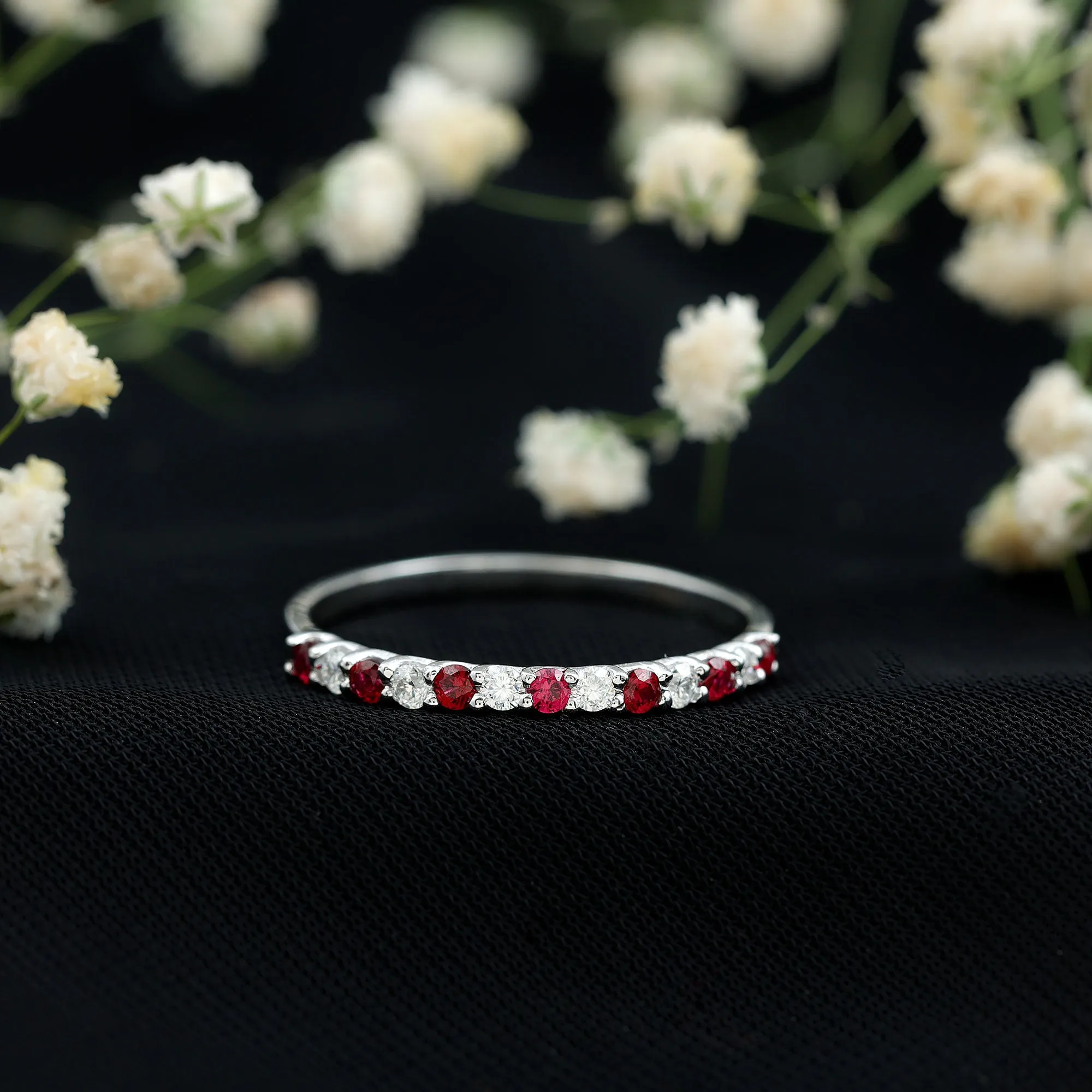 3/4 CT Created Ruby and Moissanite Stackable Band Ring