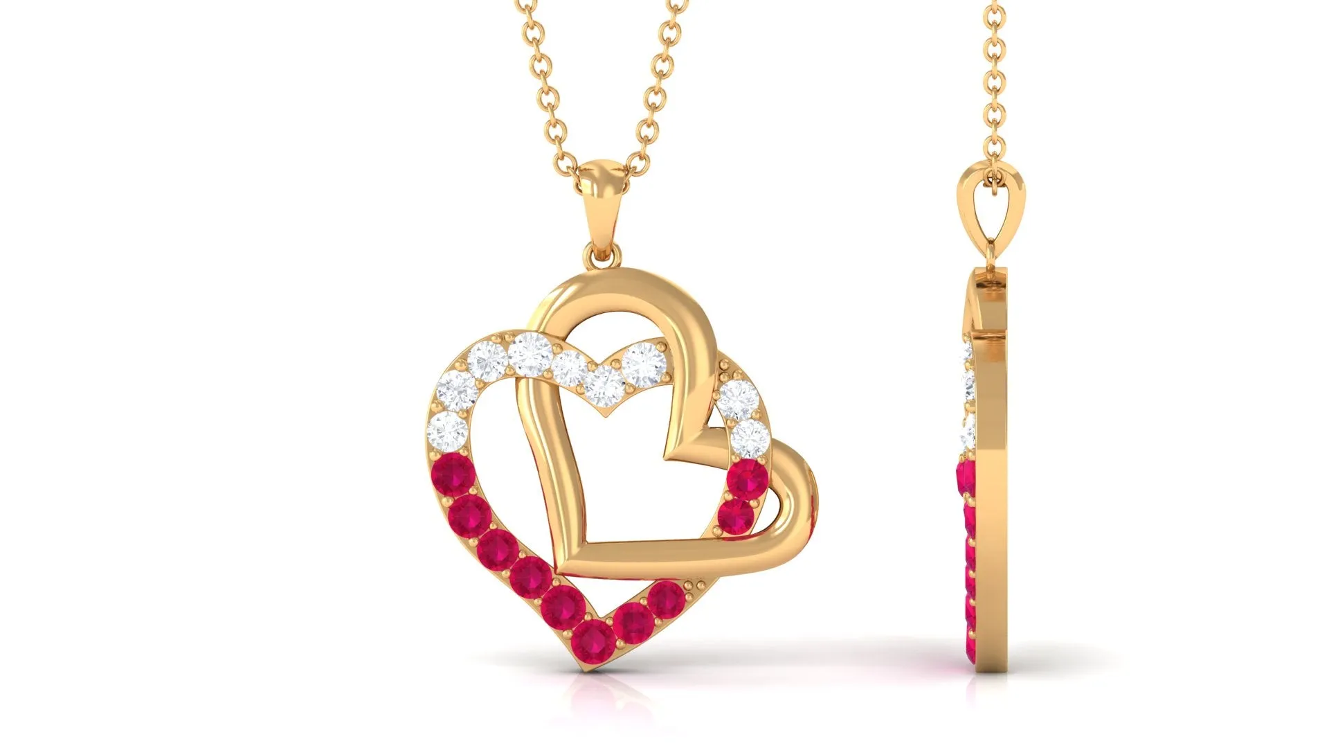 3/4 CT Real Ruby and Moissanite Interlock Heart Gold Pendant