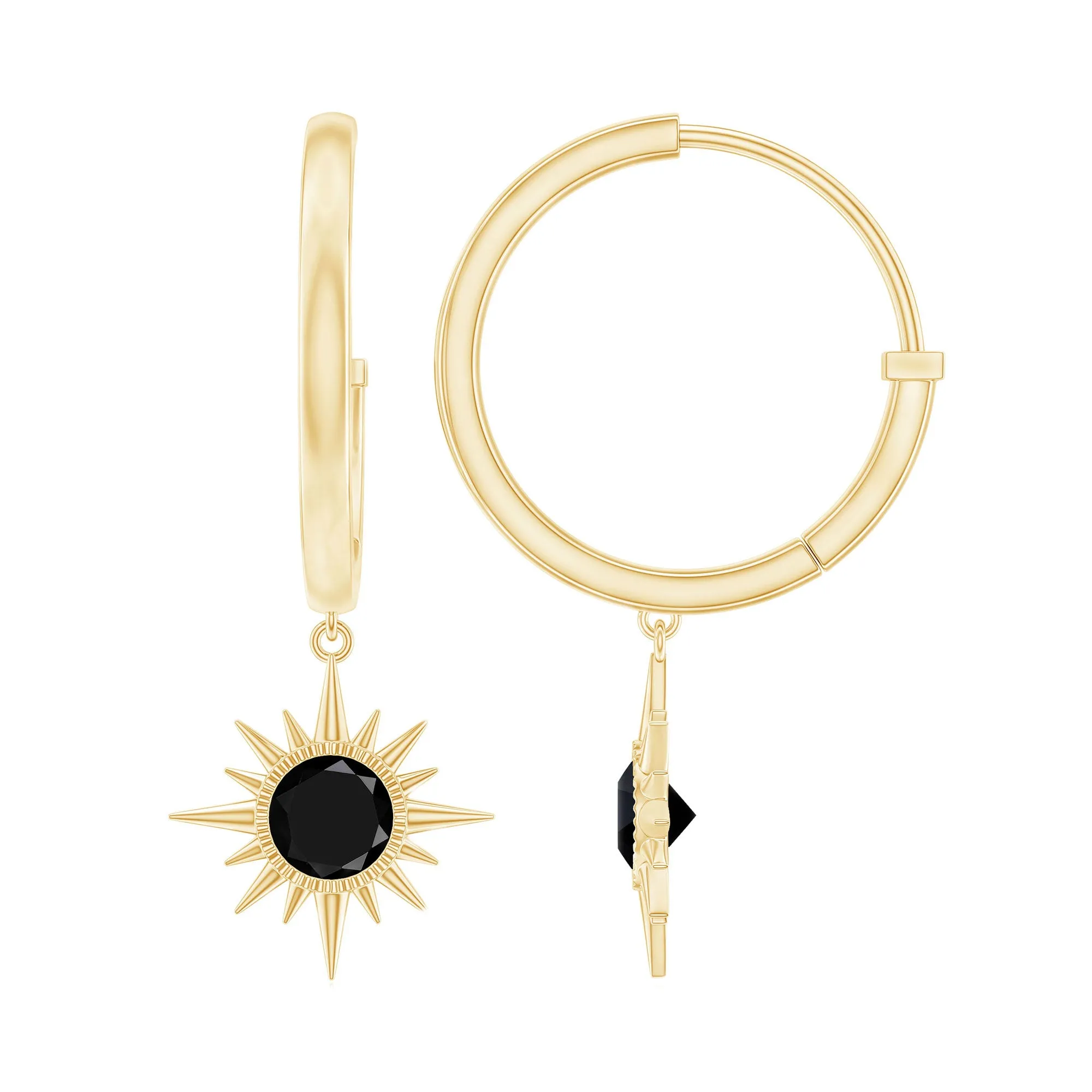 4 MM Round Shape Black Onyx and Gold Sunburst Hoop Drop Earrings For Women