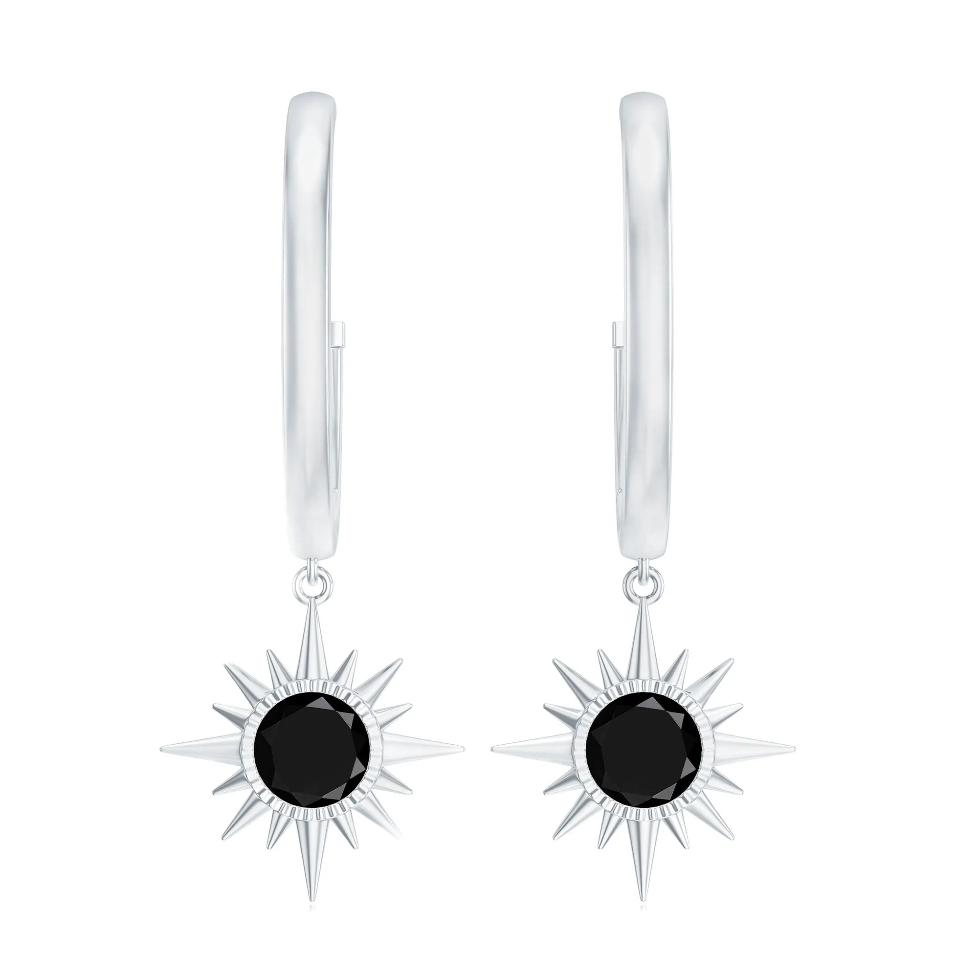 4 MM Round Shape Black Onyx and Gold Sunburst Hoop Drop Earrings For Women