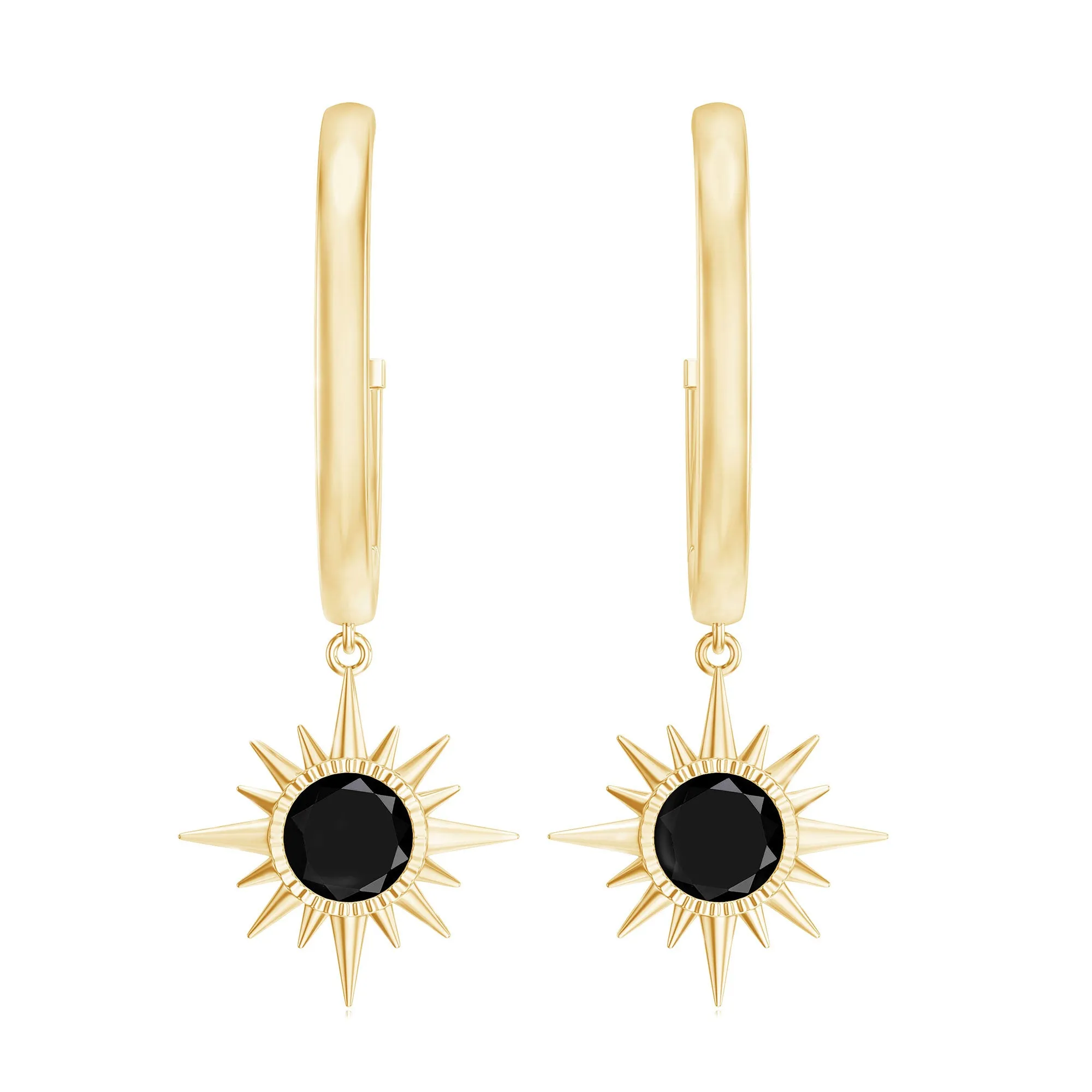 4 MM Round Shape Black Onyx and Gold Sunburst Hoop Drop Earrings For Women