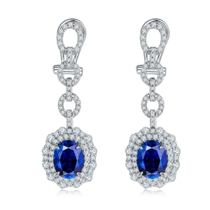 4.0 Carat Oval Lab Created Gemstone Double Halo Sterling Silver Long Drop Earrings