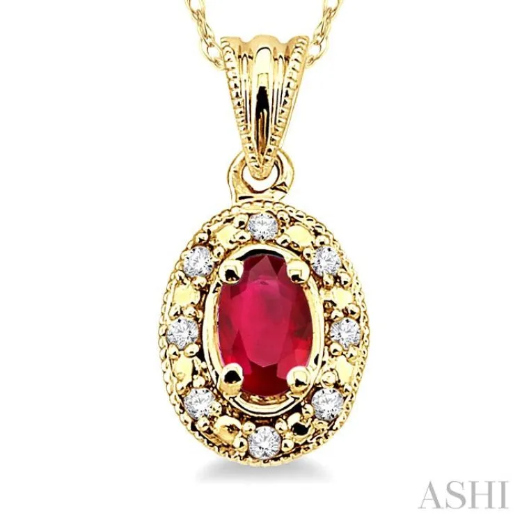 5x3mm Oval Shape Ruby and 1/20 Ctw Single Cut Diamond Pendant in 10K Yellow Gold with Chain