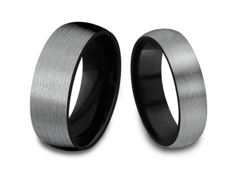 6MM/8MM BRUSHED GRAY GUNMETAL Tungsten Wedding Band Set DOME AND BLACK INTERIOR