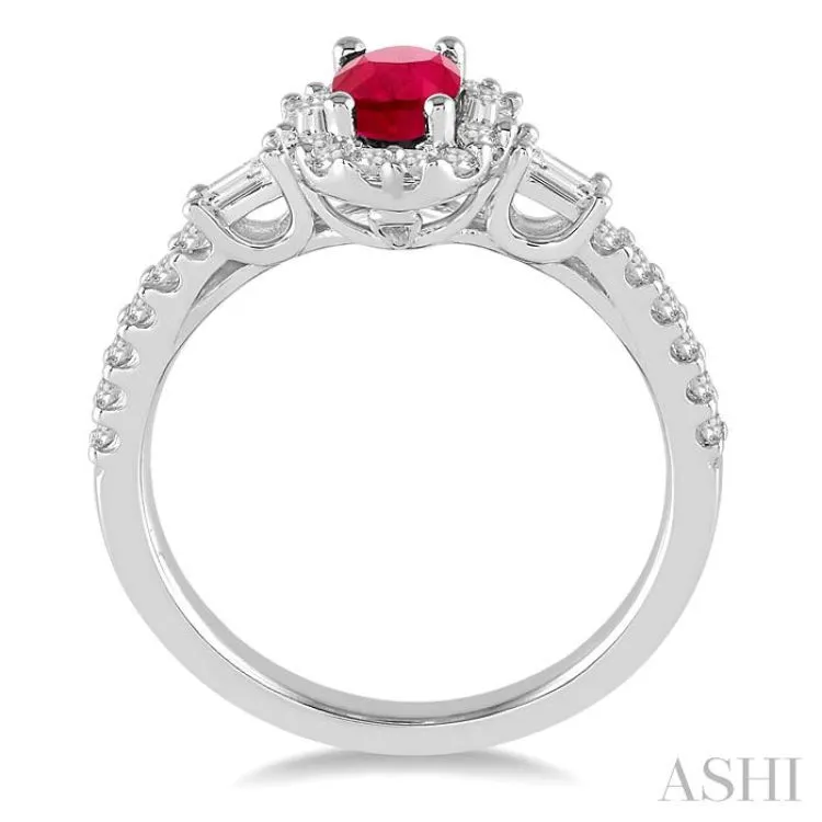 6x4 MM Oval Shape Ruby and 3/8 Ctw Diamond Ring in 14K White Gold