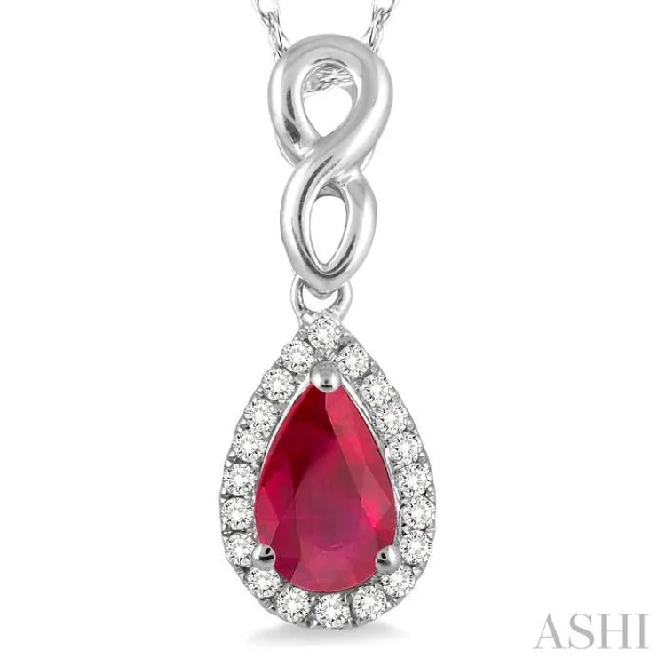 6x4 MM Pear Shape Ruby and 1/10 Ctw Round Cut Diamond Pendant in 10K White Gold with Chain