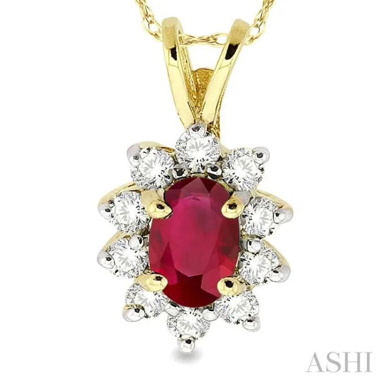 6x4MM Oval Cut Ruby and 1/4 Ctw Round Cut Diamond Pendant in 14K Yellow Gold with Chain