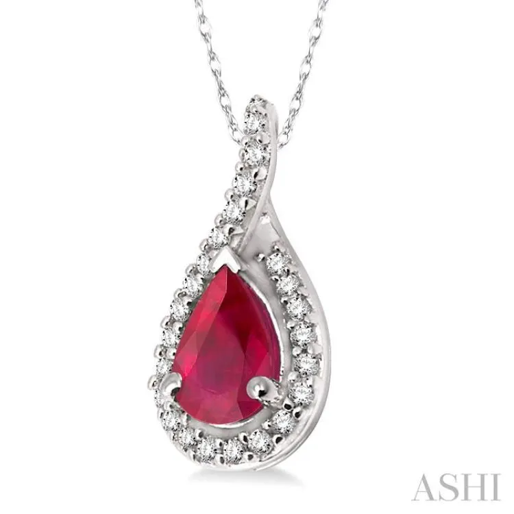 6x4MM Pear Shape Ruby and 1/10 Ctw Round Cut Diamond Pendant in 14K White Gold with Chain