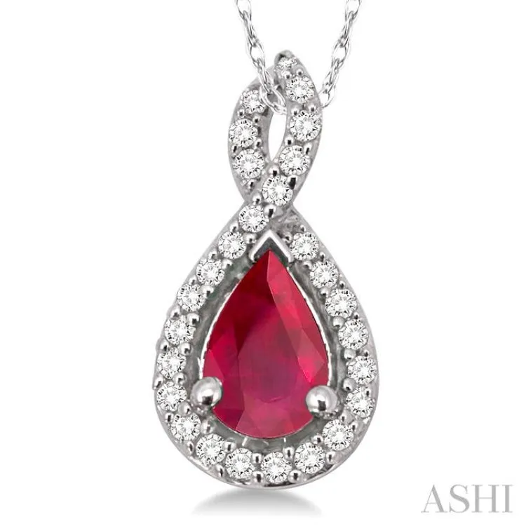 6x4MM Pear Shape Ruby and 1/10 Ctw Round Cut Diamond Pendant in 14K White Gold with Chain