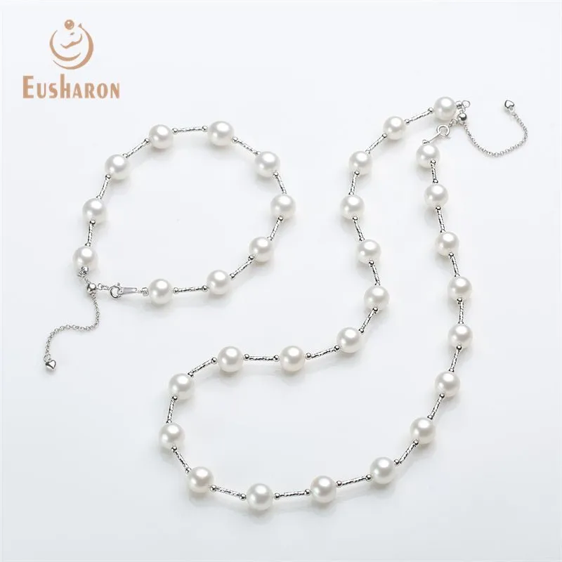 8-9mm White Freshwater AK Round Pearl Necklace and Bracelet Set