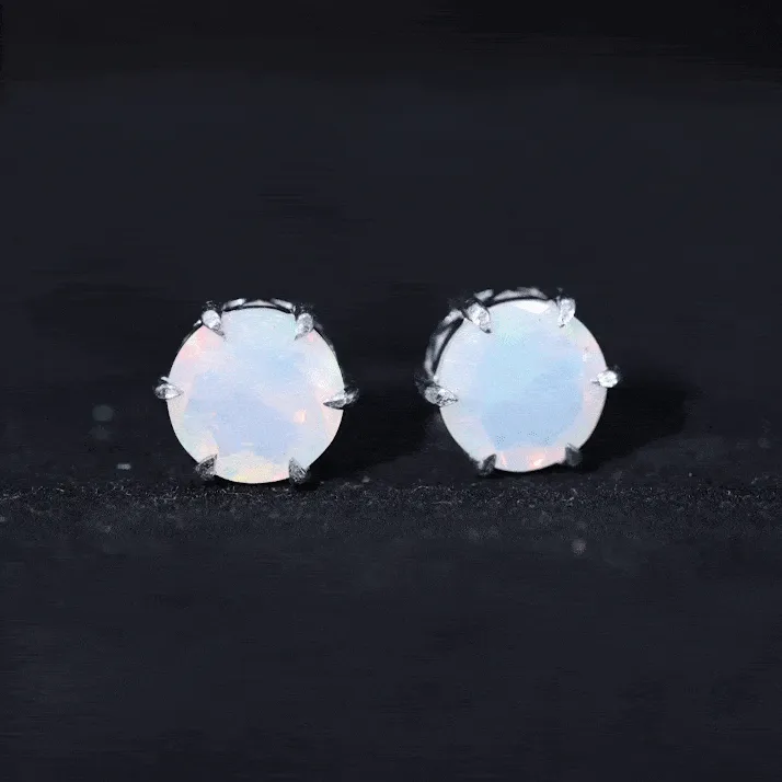 8 MM Genuine Round Ethiopian Opal Solitaire Silver Stud Earrings in 6 Claw Setting