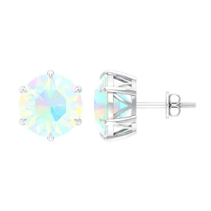 8 MM Genuine Round Ethiopian Opal Solitaire Silver Stud Earrings in 6 Claw Setting