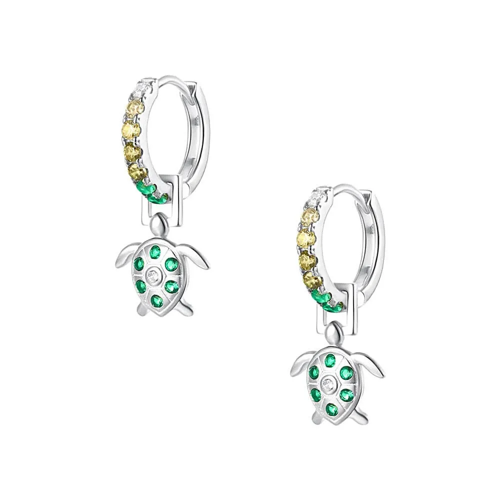 925 Silver Green Turtle Sparkling Drop Huggie Earrings