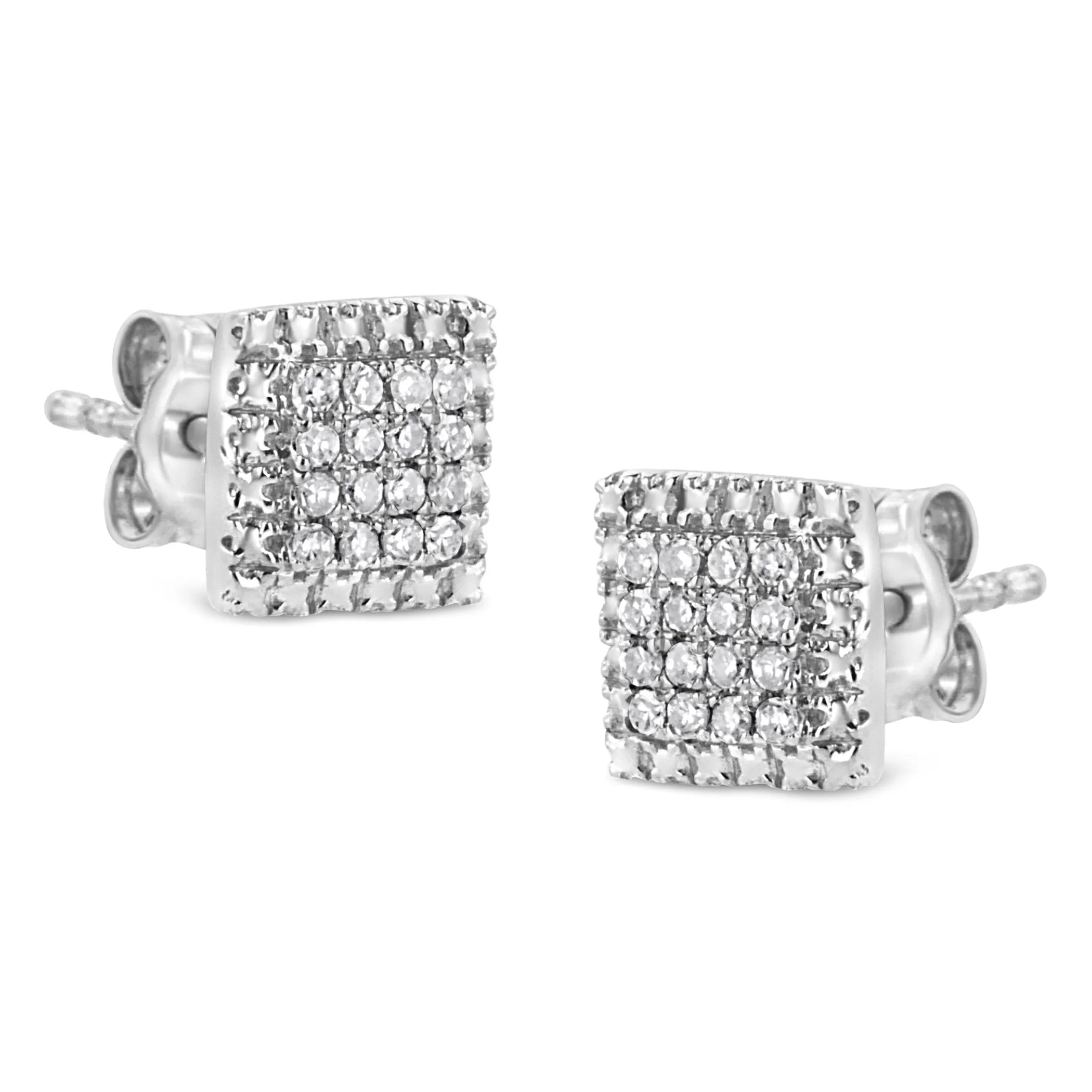 .925 Sterling Silver 1/6 Cttw Round-Cut Diamond Cluster Square Shaped Stud Earrings (I-J Color, I2-I3 Clarity)