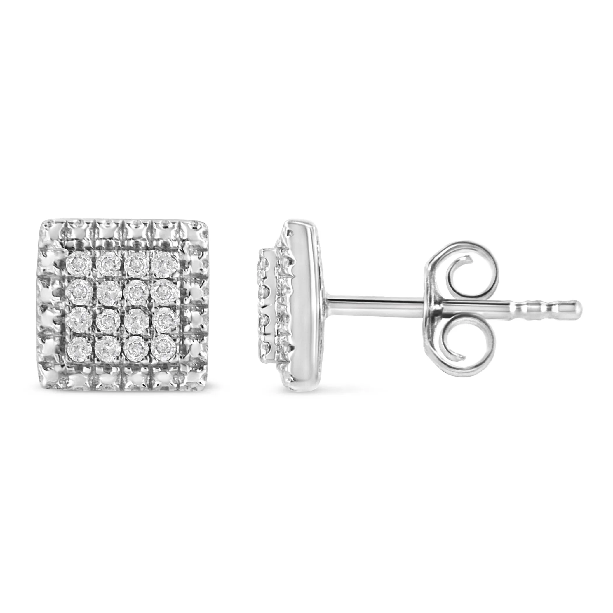 .925 Sterling Silver 1/6 Cttw Round-Cut Diamond Cluster Square Shaped Stud Earrings (I-J Color, I2-I3 Clarity)