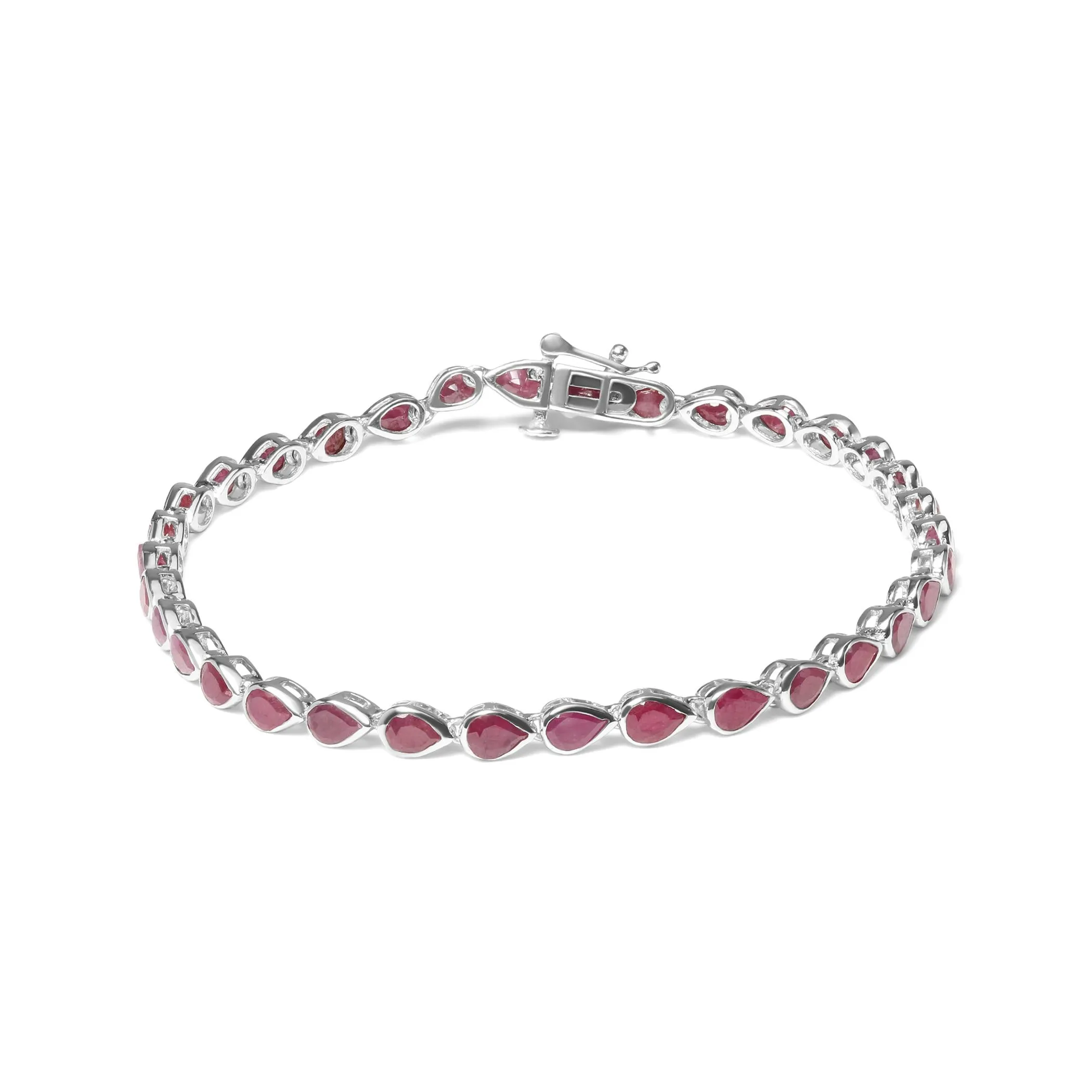 .925 Sterling Silver Bezel Set Pear Shaped Lab Created Pink Ruby Link Bracelet (AAA  Quality) - Size 7.25"