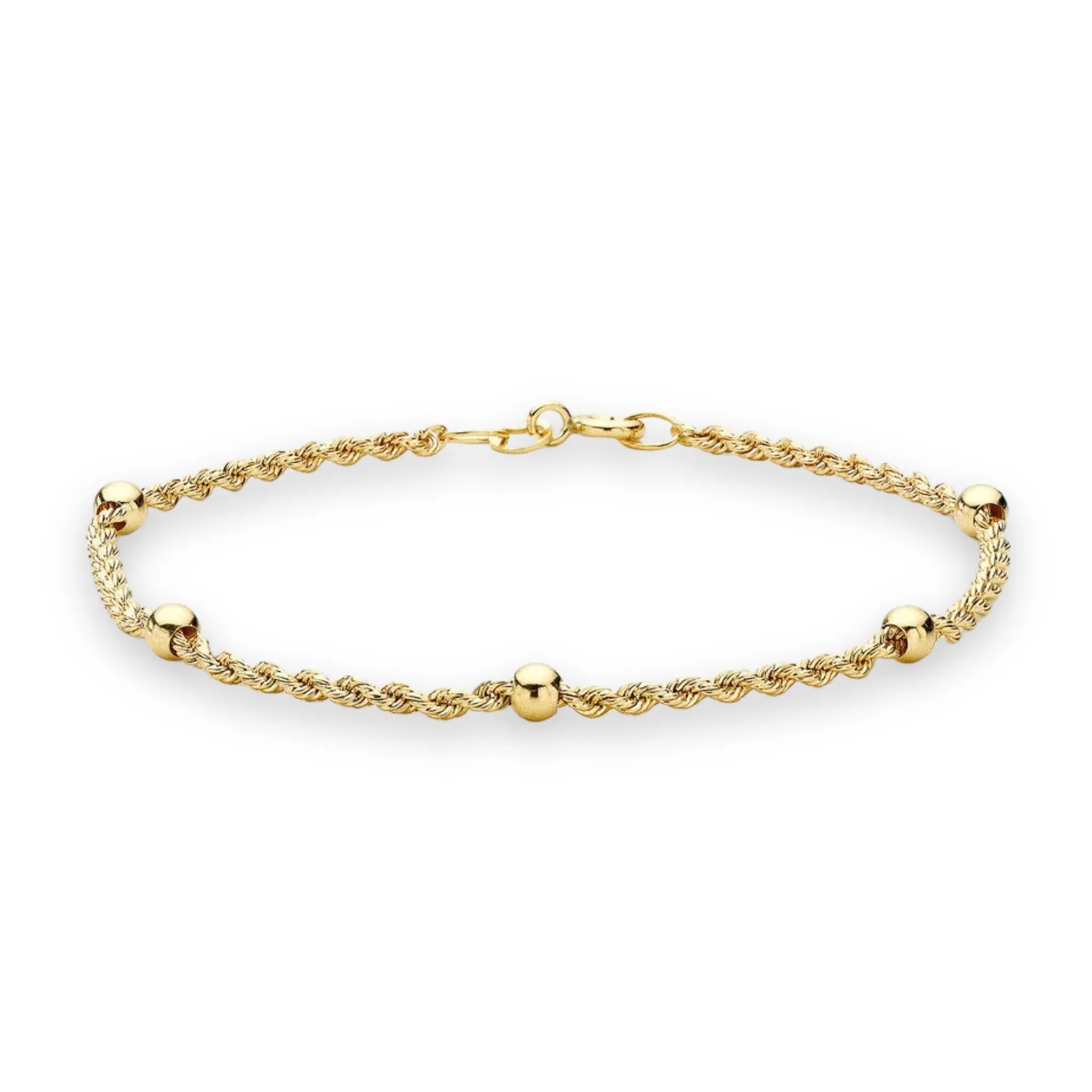 9ct Gold Rope and Ball Chain Bracelet - 2mm, 7" Length - Gift Box Included