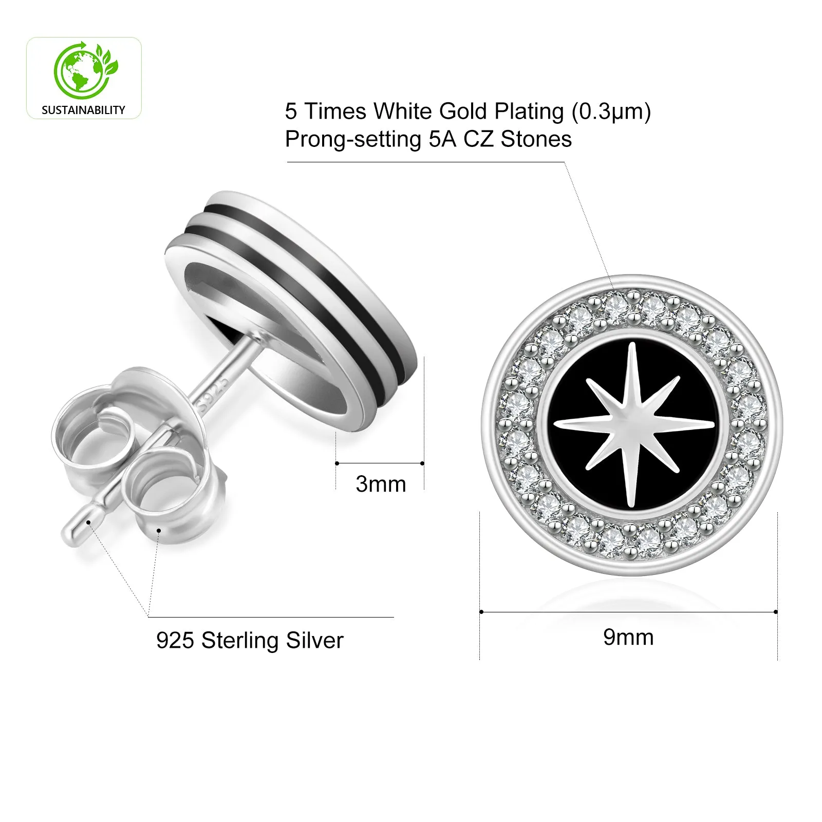 9mm Hexagram Iced Diamond CZ Stud Earrings for Men