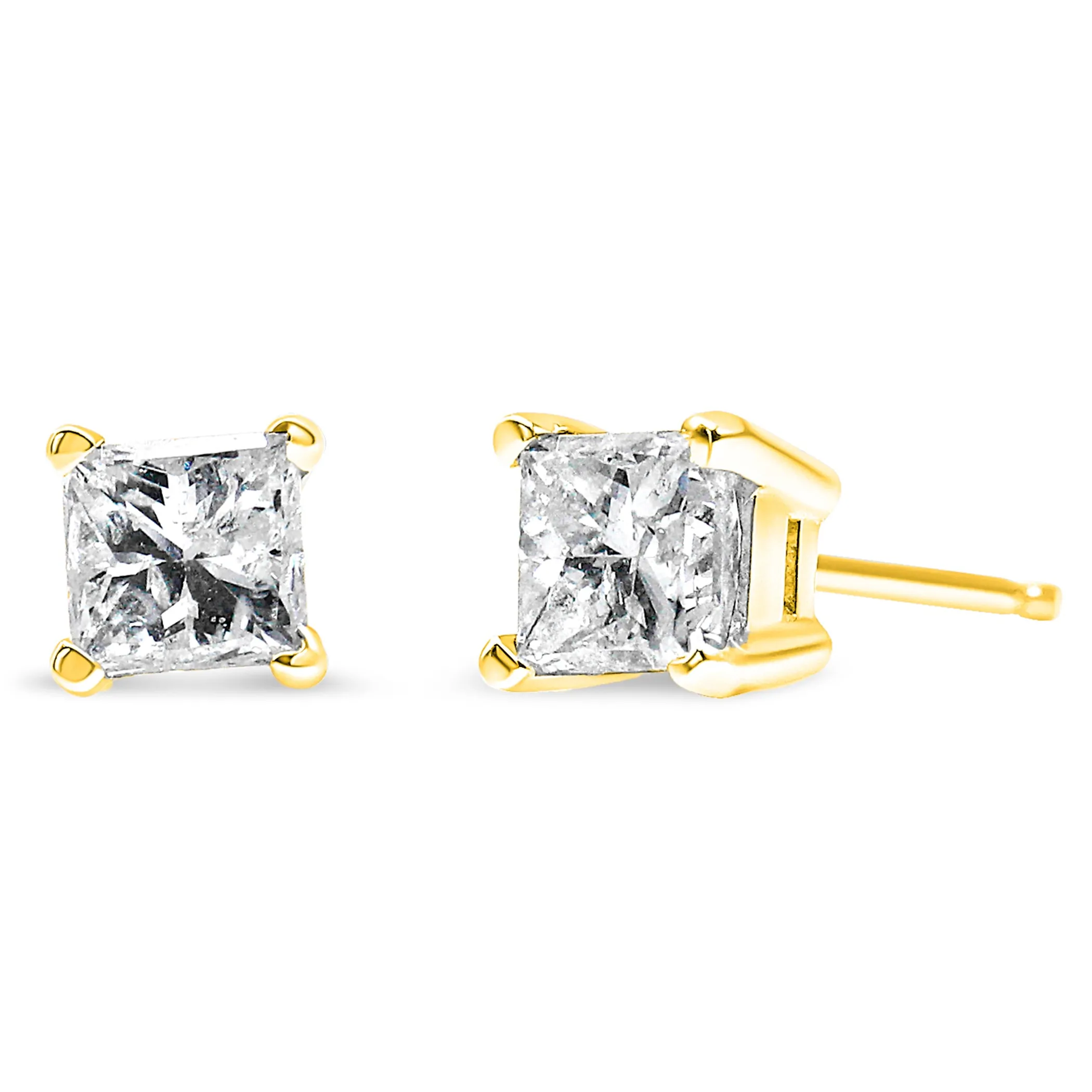 AGS Certified 14K Gold 4-Prong Set Princess-Cut Solitaire Diamond Push Back Stud Earrings (H-I Color, SI2-I1 Clarity)