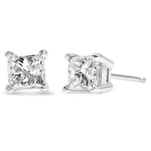 AGS Certified Princess-Cut Square Diamond 4-Prong Solitaire Stud Earrings in 14K Gold (L-M Color, I1-I2 Clarity)