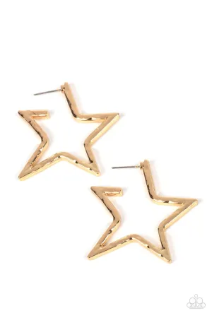 All-Star Attitude - Gold - Hammered Star Patriotic Americana Paparazzi Hoop Earrings