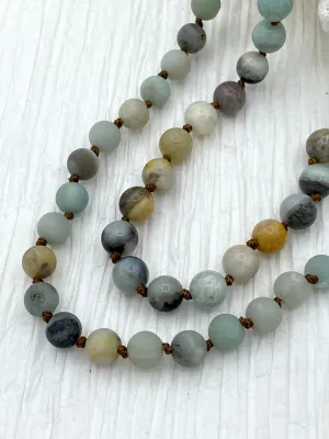 Amazonite Hand Knotted Gemstone Necklace, 36"  Multi Color Amazonite, 6mm & 8mm Round smooth and Matte and Polished brown string Fast ship